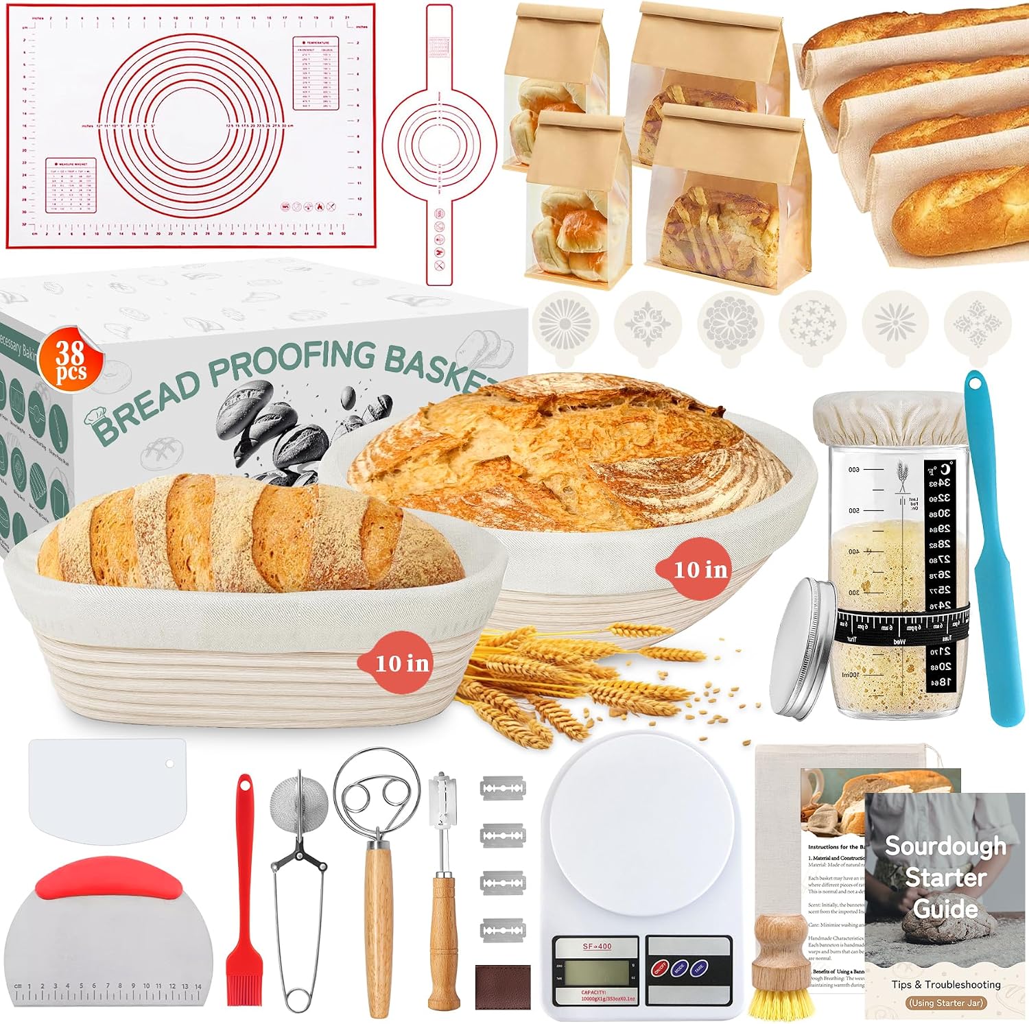 Aliggbent 38Pcs Sourdough Bread Baking Supplies – 11'' Oval & 10'' Round Cotton Rope Banneton Bread Proofing Baskets with Liners & Covers, Sourdough Starter Jar Kit, Scale, Bags & Bread Making Tools