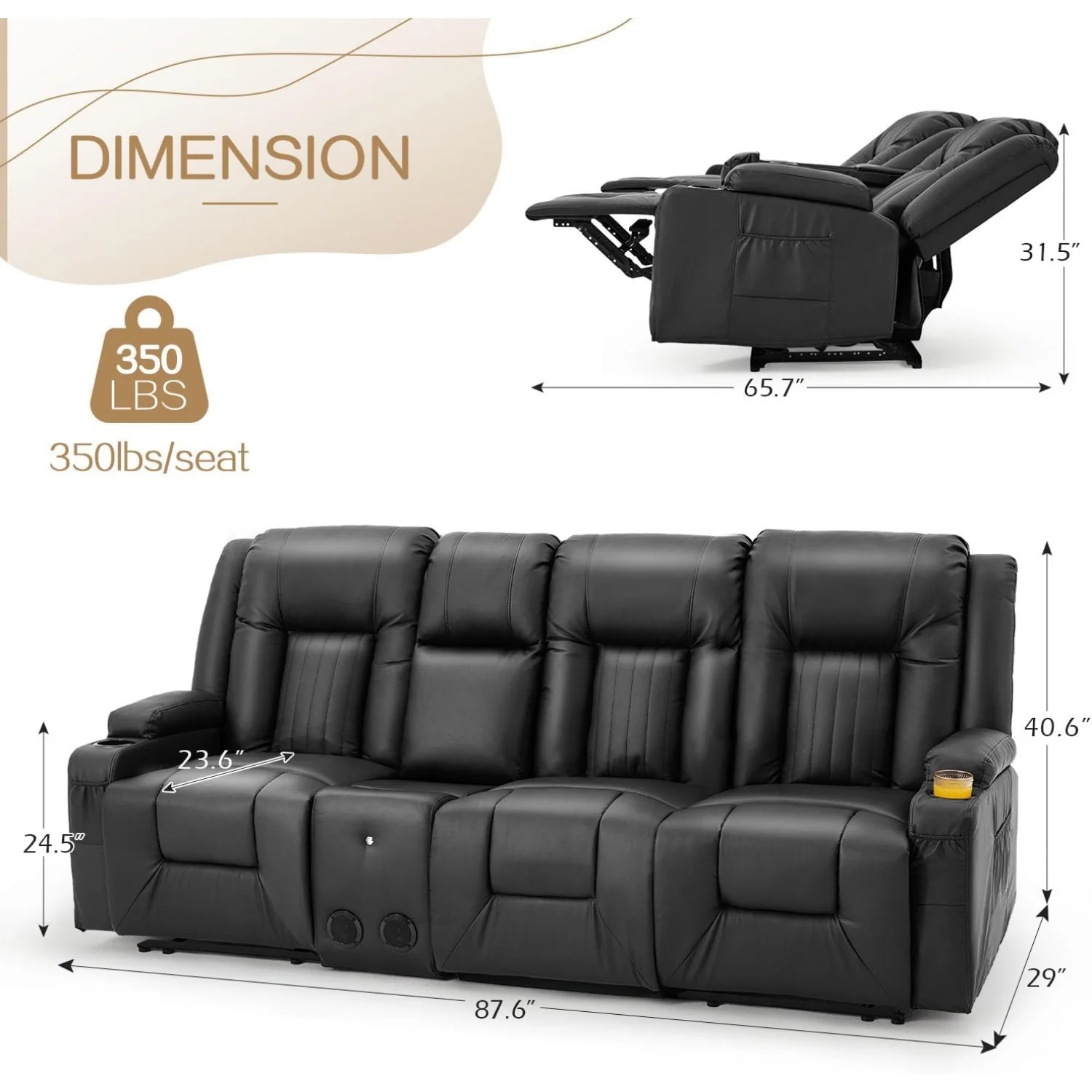 AECOJOY 3 Seater Recliner Sofa with Console&Bluetooth Speakers, Manual RV Sofa Couch, Black