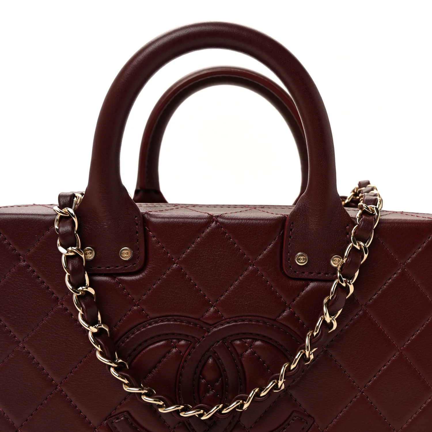 Calfskin Quilted Studded Square Vanity Case Burgundy