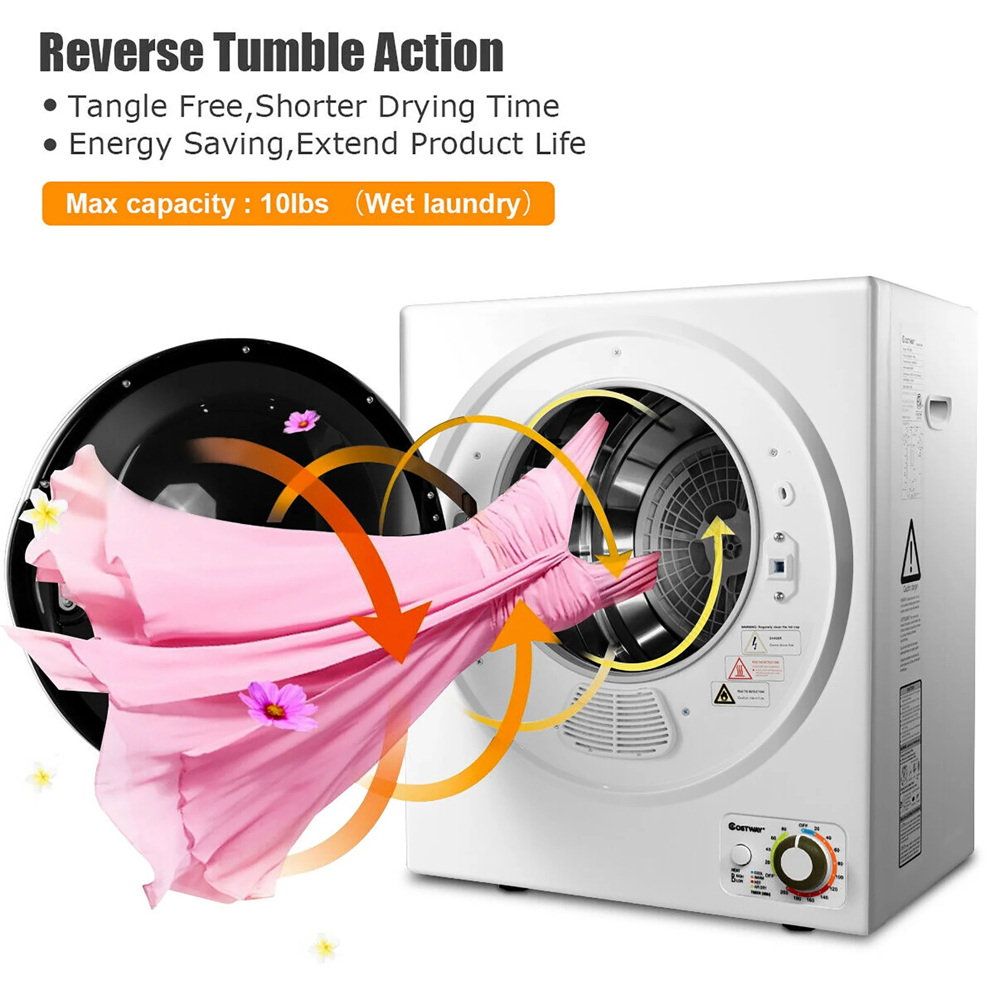 Electric Tumble Compact Cloth Dryer Stainless Steel Wall Mounted 1.5 cu.ft.(White) - Image 7