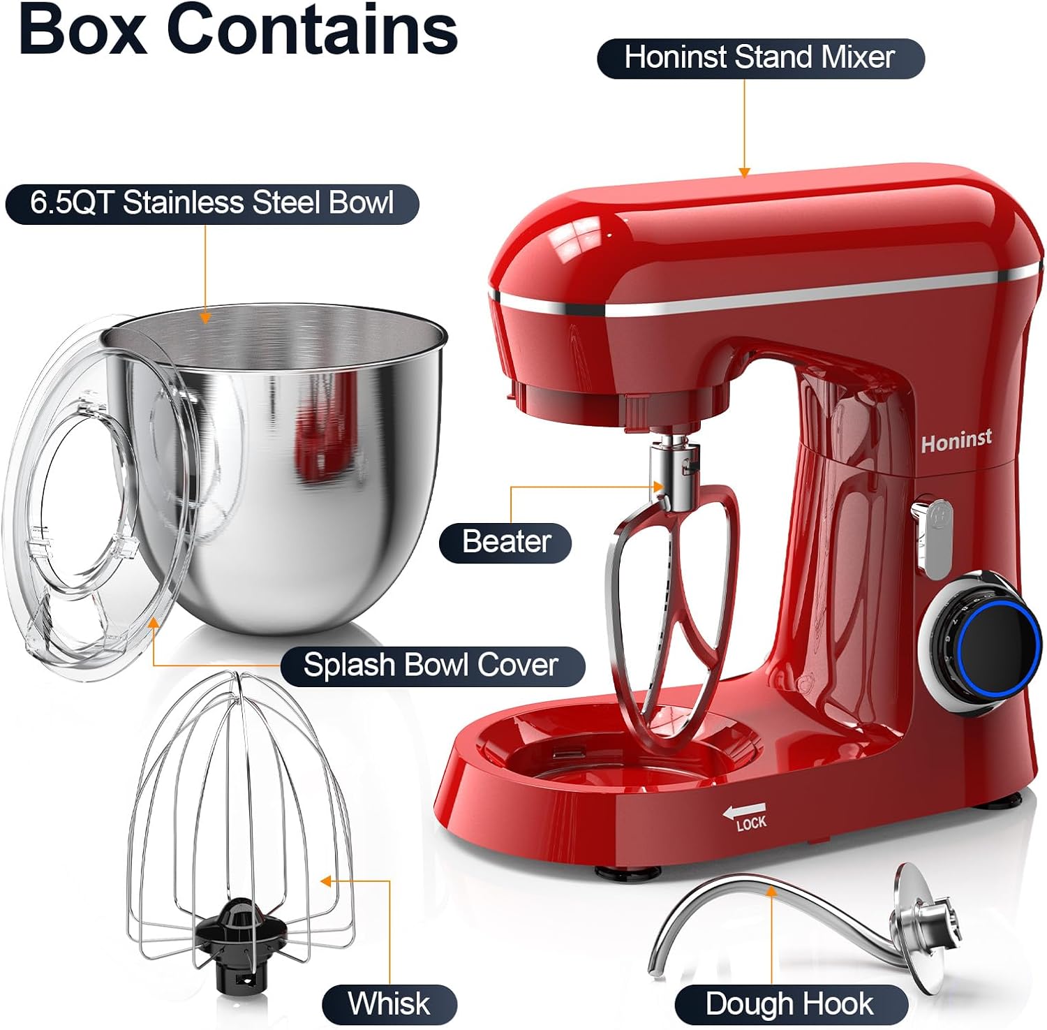 Honinst Stand Mixer, 6.5QT 10-Speed Tilt-Head 3-IN-1 Electric Food Mixer