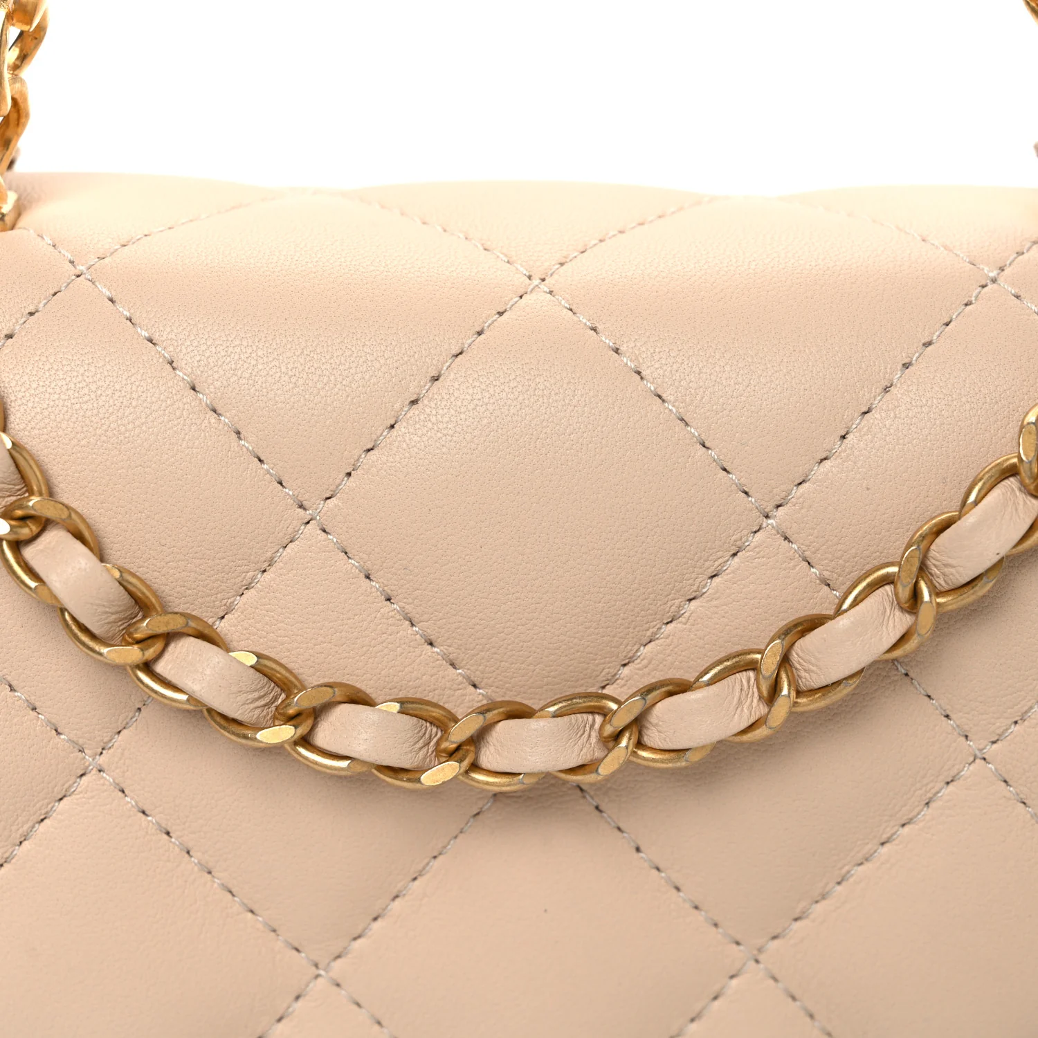 Lambskin Quilted Metal Enamel Chain Top Handle Square Flap Beige
