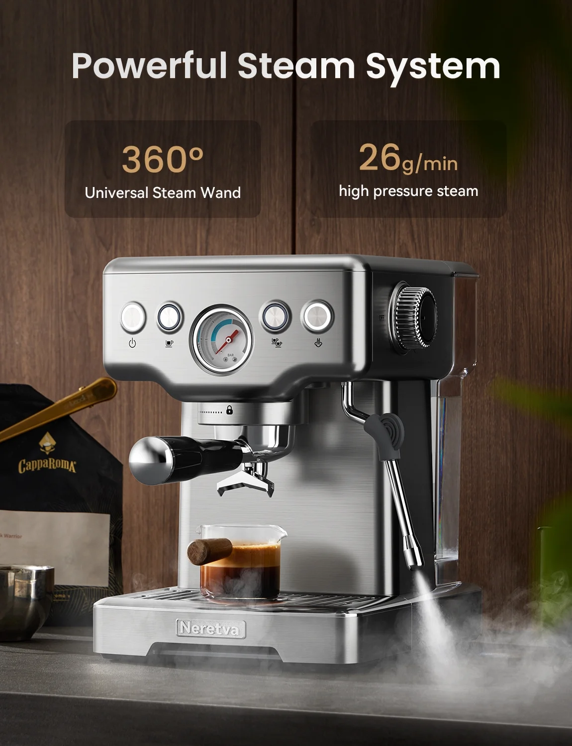 Espresso Machine 15 Bar Professional Espresso Maker with Milk Frother Steam Wand, Cappuccino Latte Machine, Espresso Coffee Machine for Home- Stainless Steel(Visible Pressure Guage) - Image 7