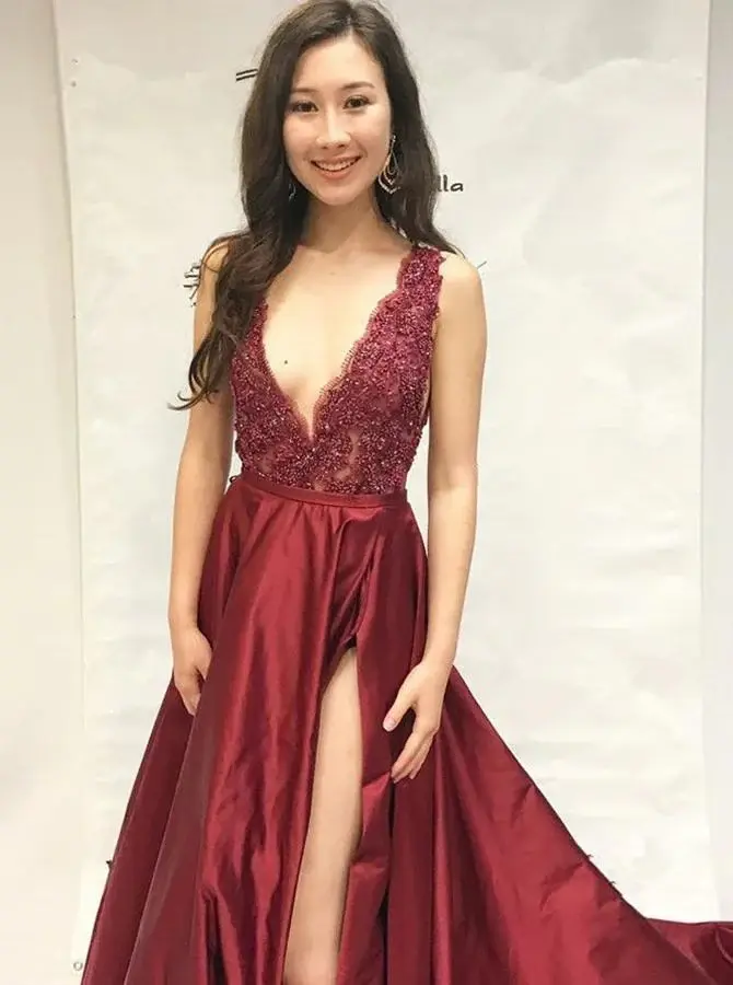 Sexy Burgundy Beaded Slit Skirt Evening Dress, Graduation School Party Gown DMI86