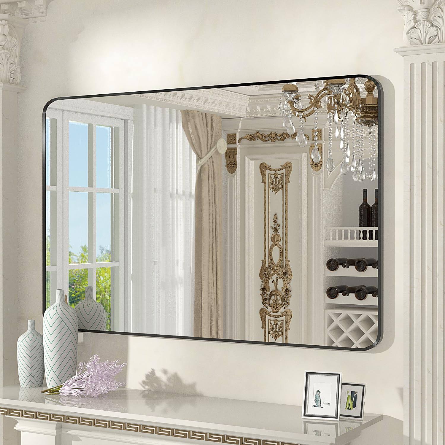 SNUGACE Black Metal Framed Mirror Rectangle Wall Mount Bathroom Vanity Mirror, 24�� x 36��