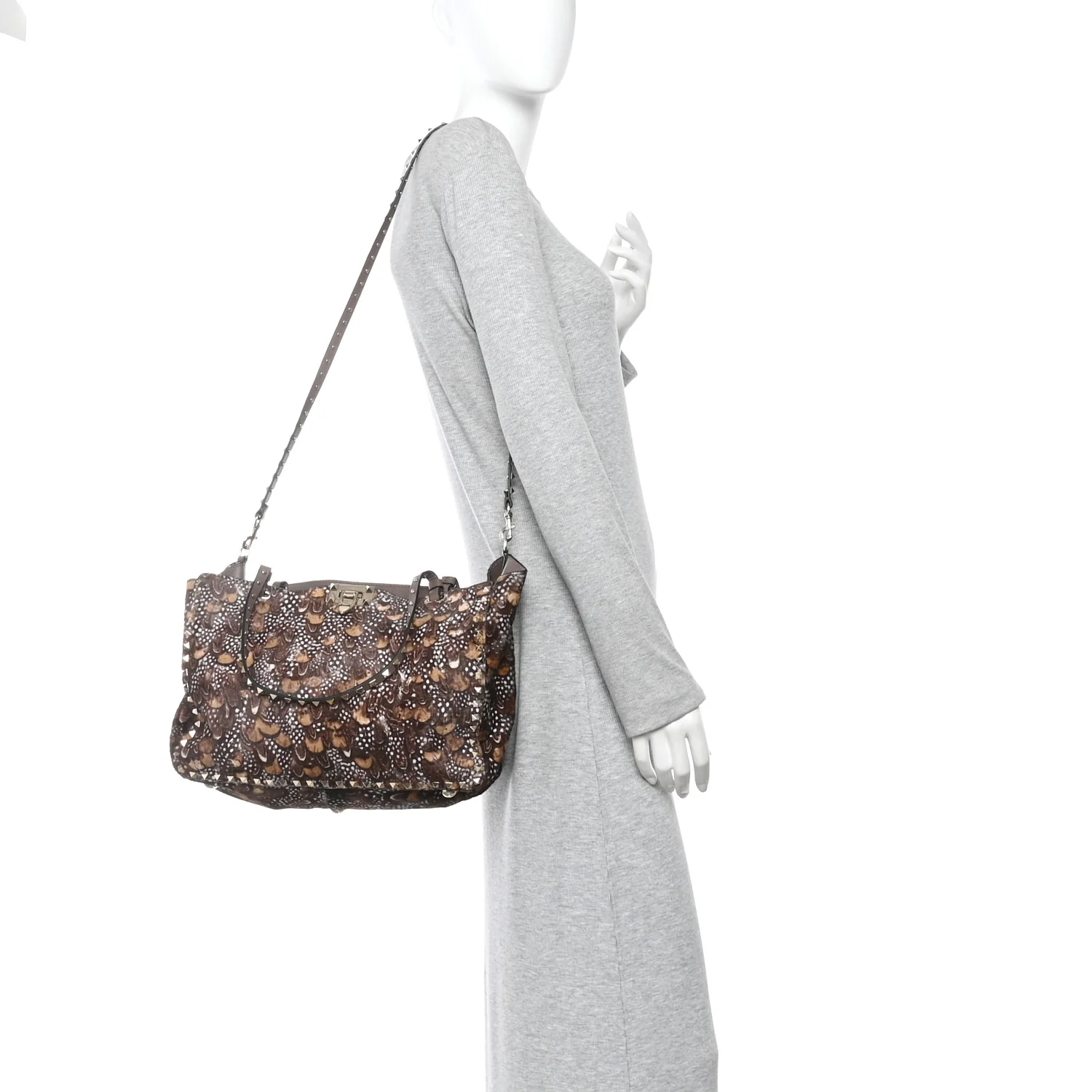 Calf Hair Feather Medium Rockstud Tote Brown
