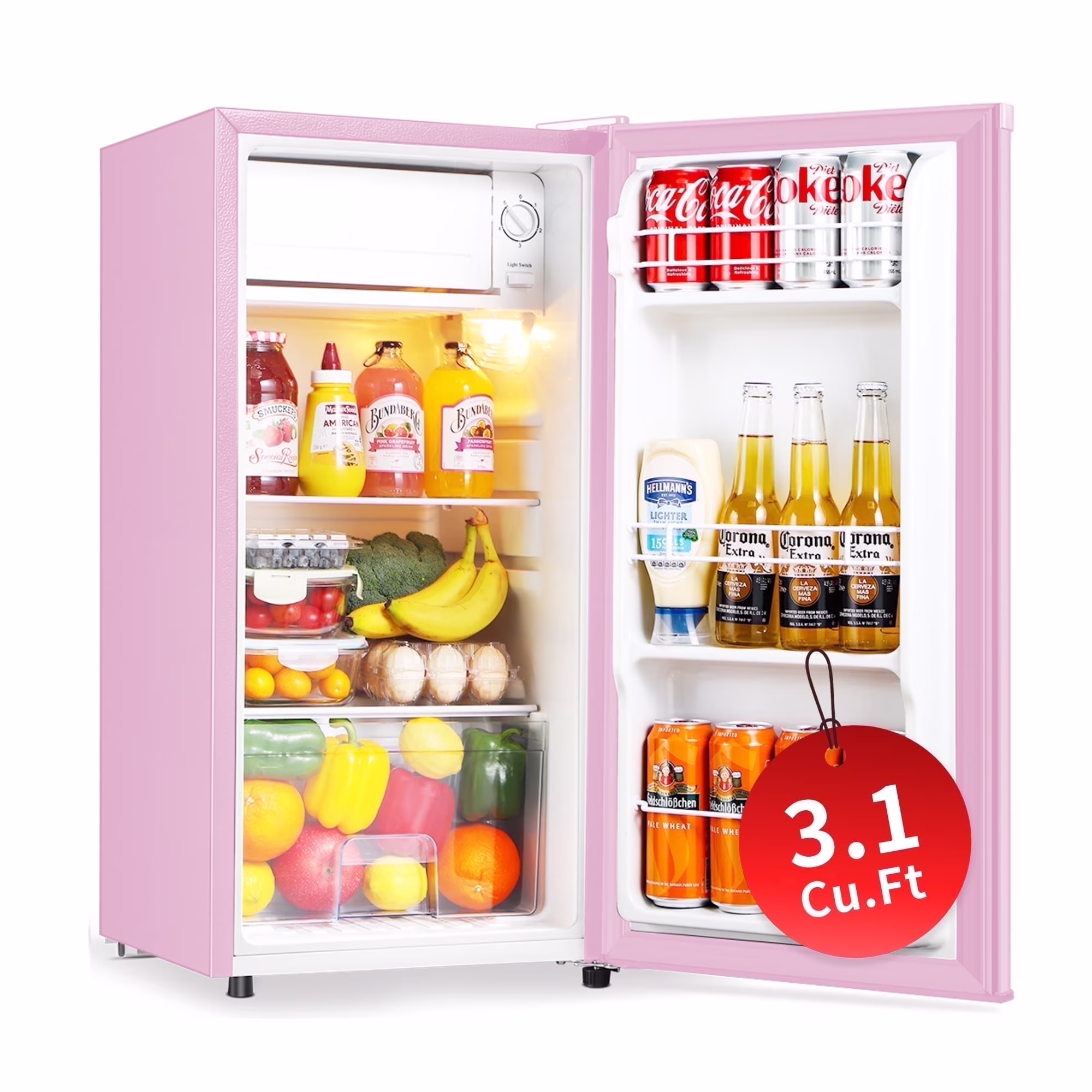 3.1 Cu.Ft Mini Fridge with Freezer, Adjustable Thermostat, Removable Glass Shelves Fruit Basket for Dorm Room, Office, Bedroom, Pink(Pink)