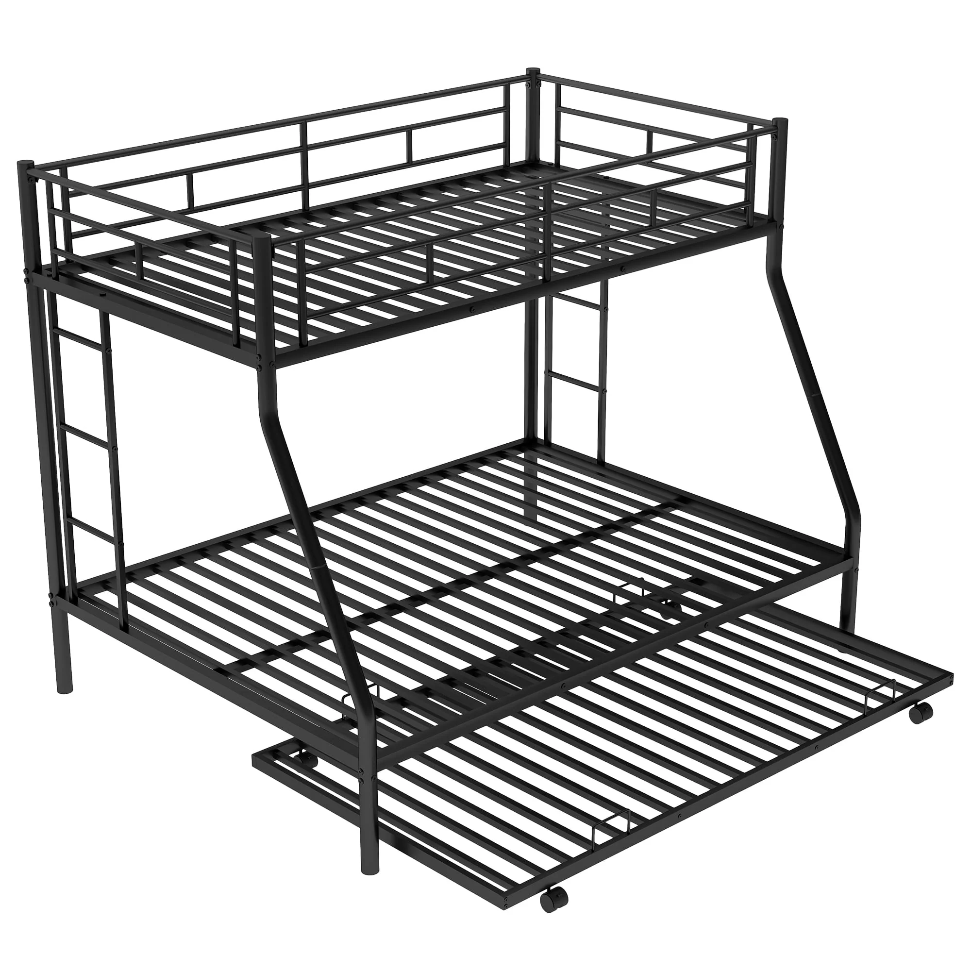 Twin Over Full Bunk Beds with Trundle Bed,Heavy Duty Metal Bed Frame with Sturdy Steel Frame,Triple Bunk Bed with Safety Guard Rails and Two Side Ladders for Boys Girls Adults,Black Image 6
