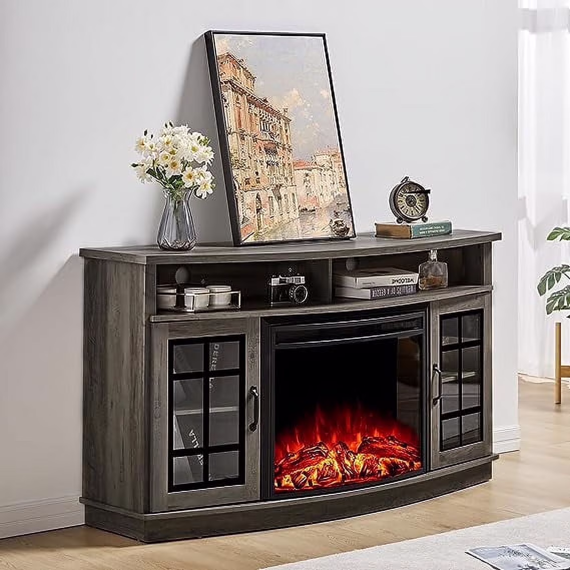 Curved TV Cabinet with 26" Electric Fireplace for TVs up to 65", Distressed White(Distressed White) - Image 3