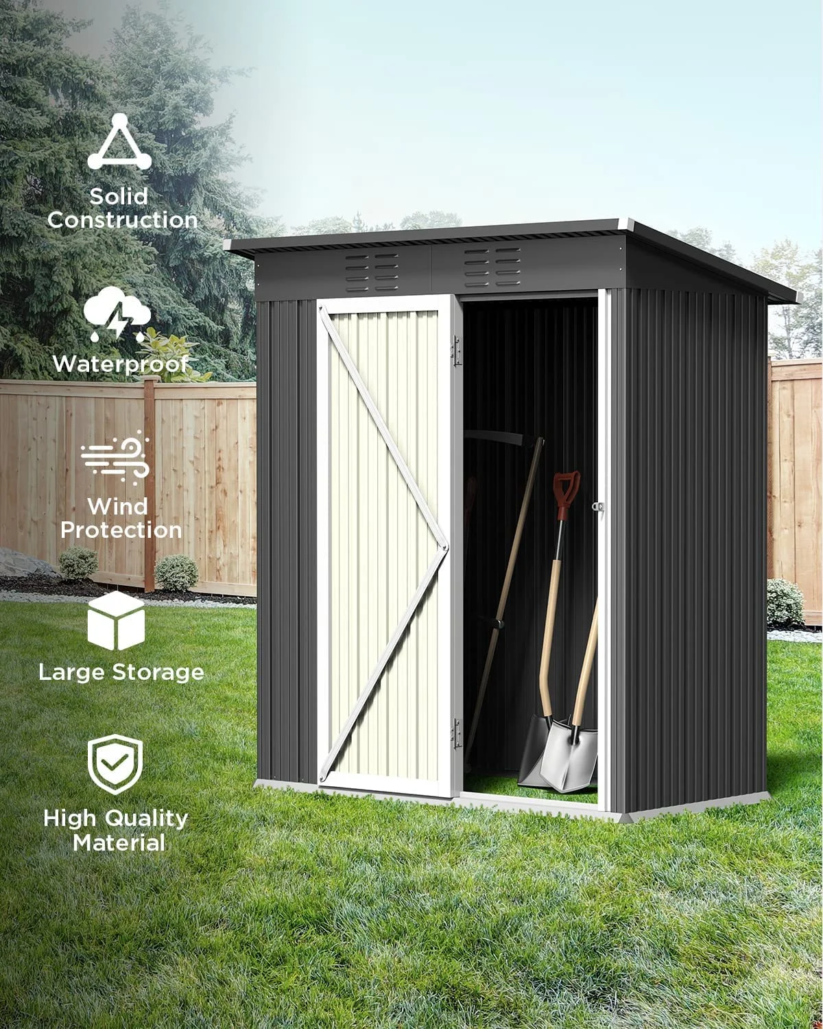 5' x 3' Outdoor Storage Shed, Metal Outdoor Storage Cabinet with Single Lockable Door, Waterproof Tool Shed,Gray(Gray) - Image 7