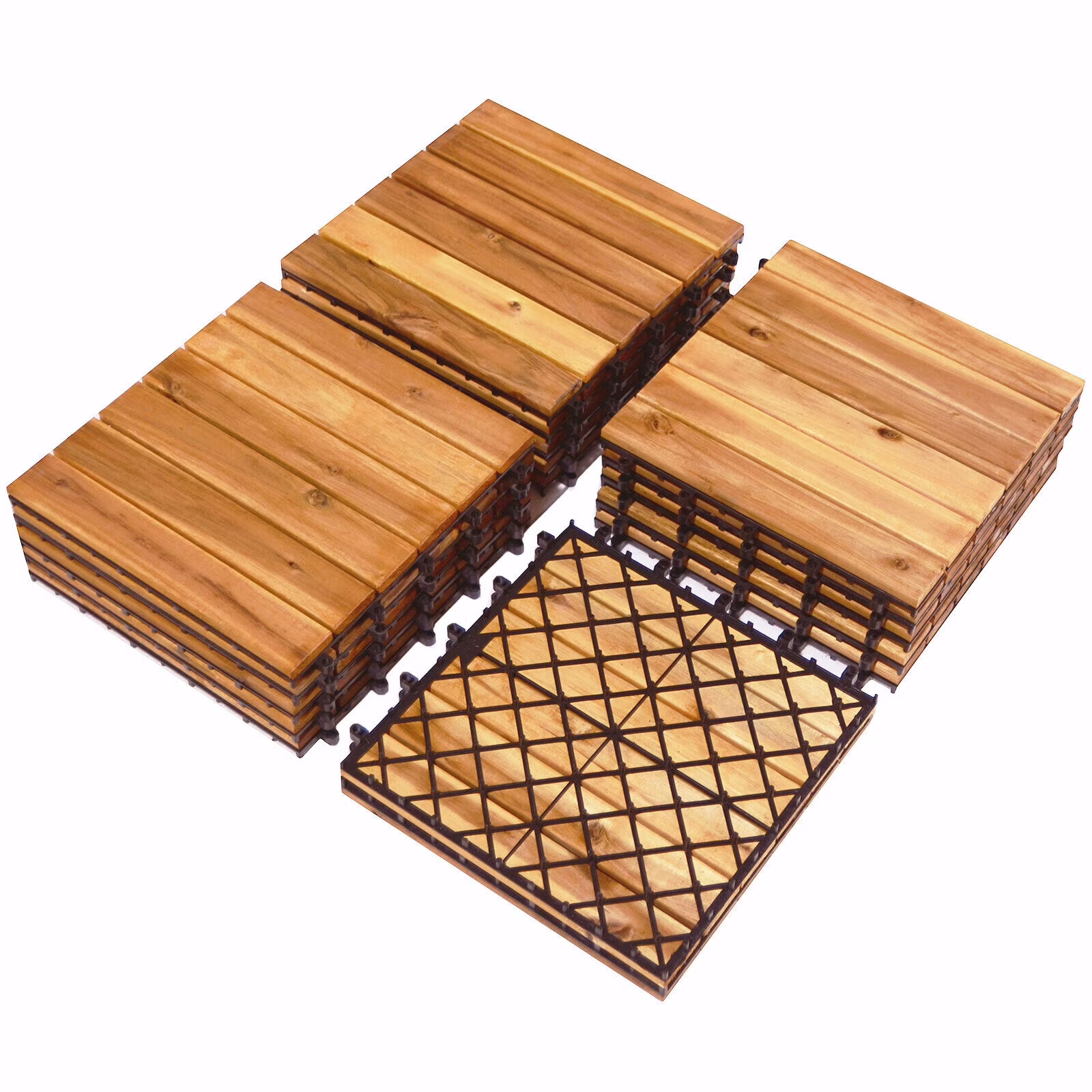 Patiojoy 27PCS 12x12 Patio Interlocking Tiles Acacia Slat Wood Garden Outdoor &Indoor