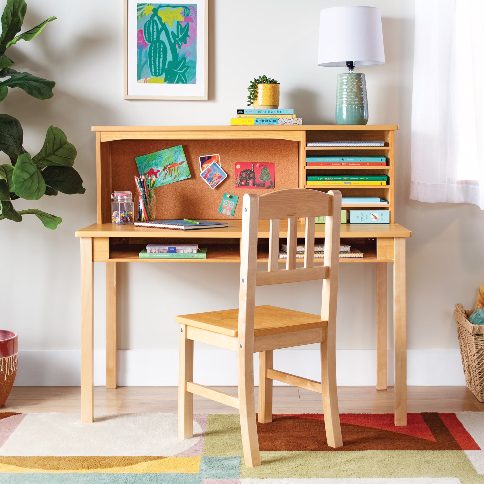 Kids Media Desk and Chair Set Gray: Kids Desk and Chair Set, Study Table for Kids with Hutch and Shelf, Wood Bedroom Furniture Set(Gray) - Image 3
