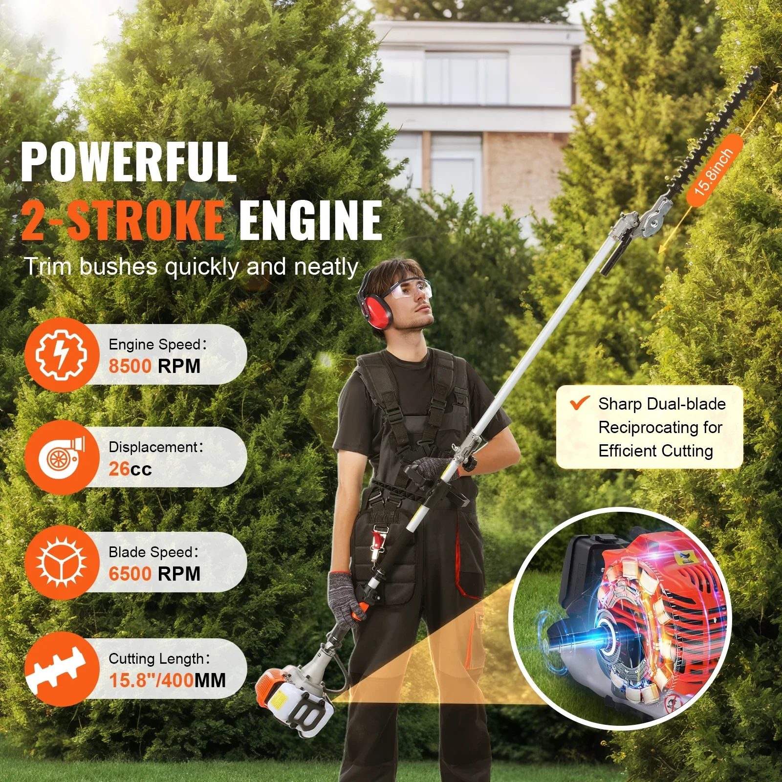 KFFKFF 26CC 5-in-1 Versatile Gardening Tools, Gas-Powered Hedge Trimmer, Grass Cutter, Line Trimmer, Edger, and Pole Saw with Extendable Shaft
