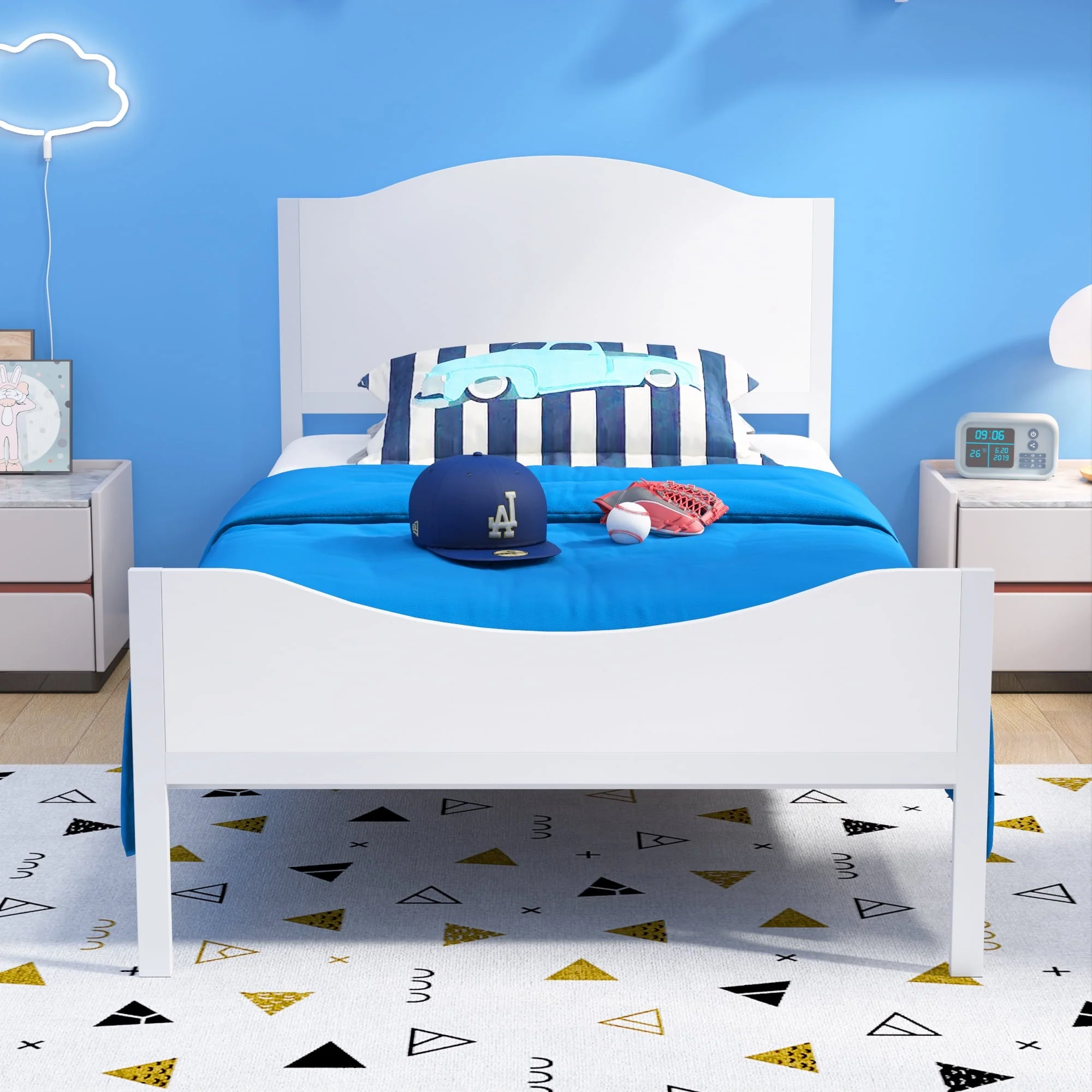 Yoneston Twin Size Kids Metal Platform Bed Frame with Wood Headboard, Modern Single Bed Frames for Children, Teens  Adults, No Box Spring Needed, White