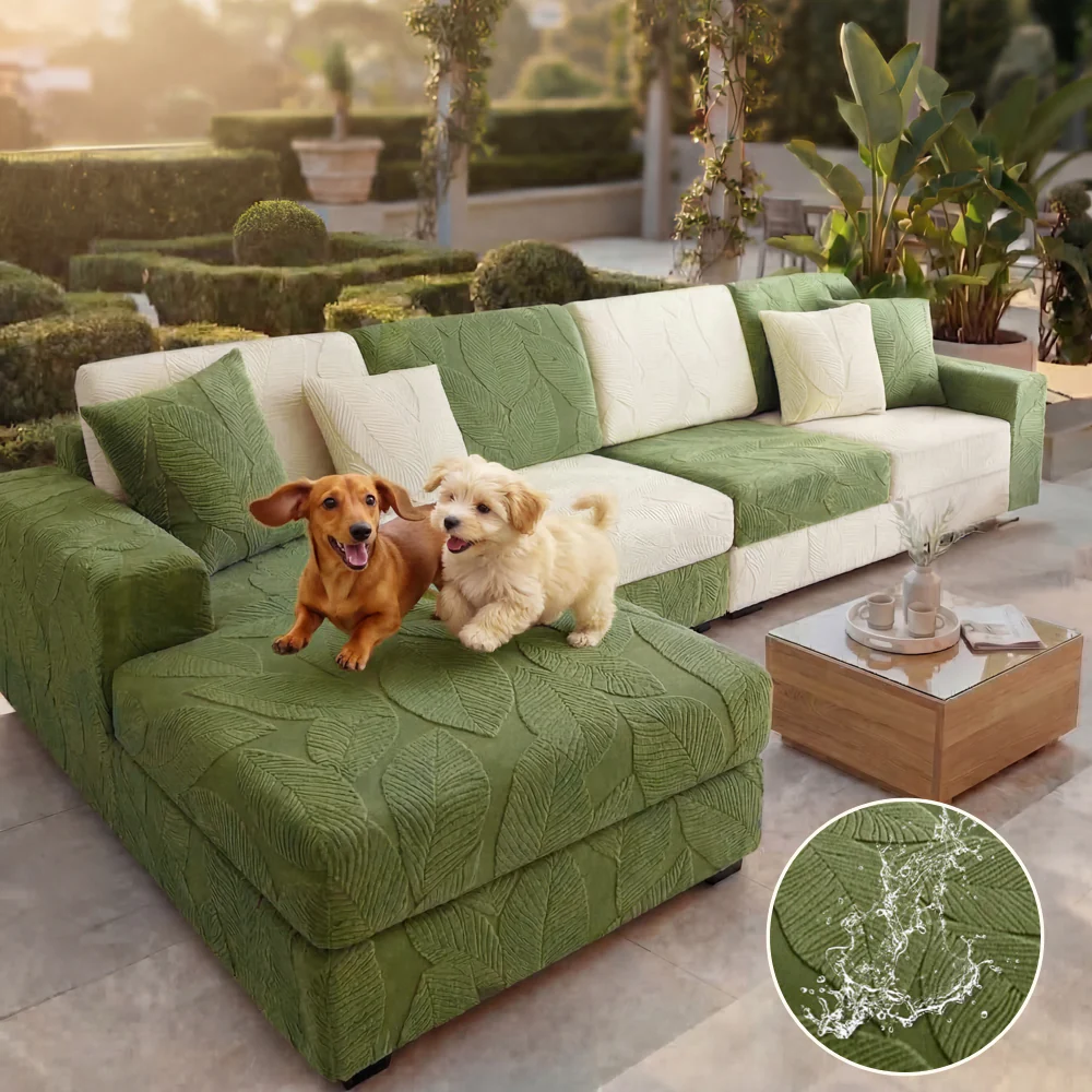Modern Leaf Jacquard Water-Repellent Anti-Scratch Stretch Full Wrap Outdoor Couch Cover