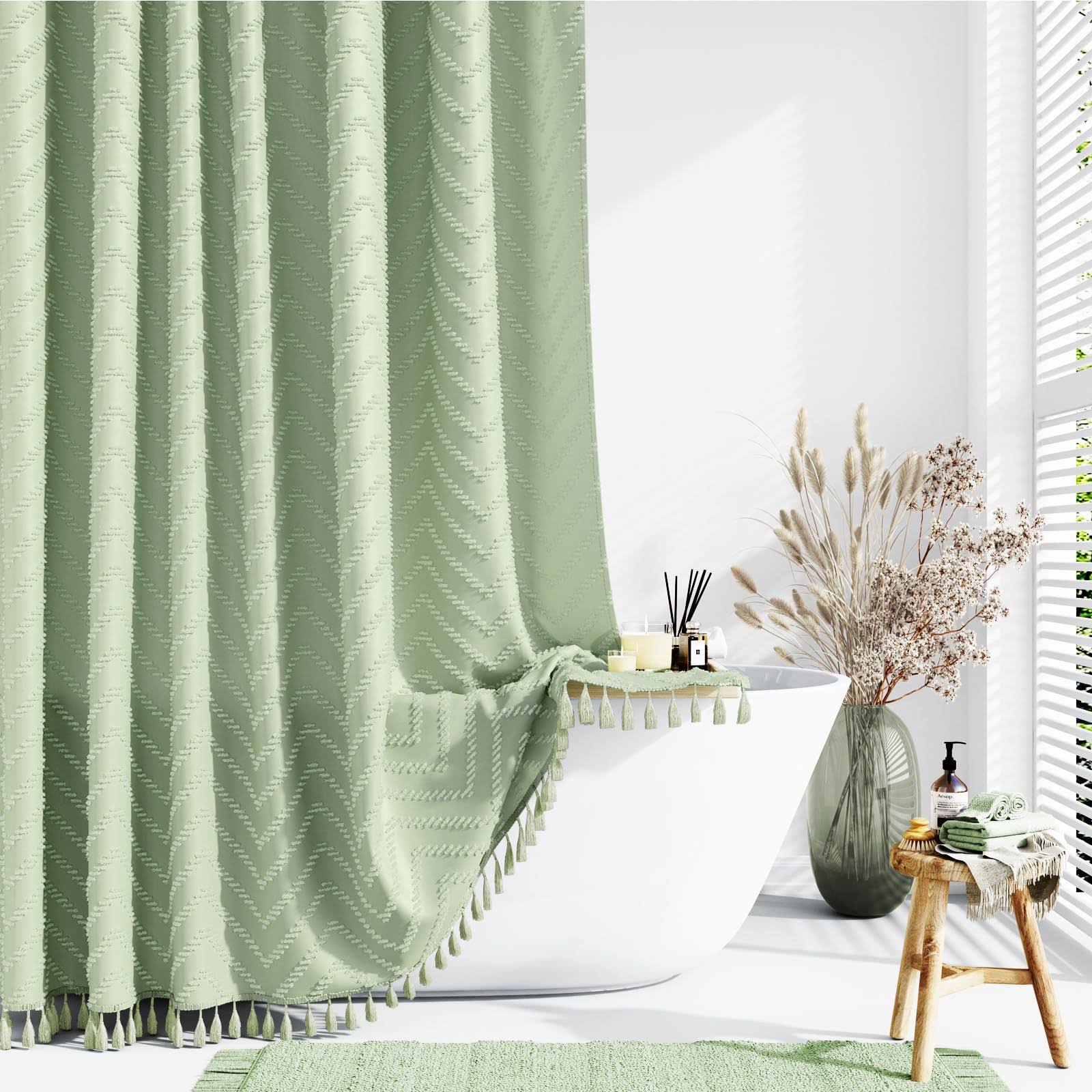 Dynamene Boho Farmhouse Shower Curtain, Sage Green Fabric Tufted Chevron Striped Textured Tassel Shower Curtains for Bathroom, Water Repellent,