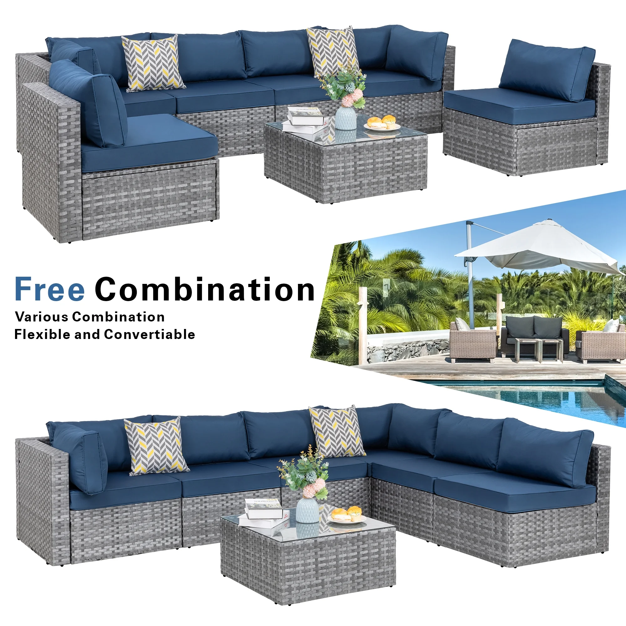Walsunny 7 Piece Outdoor Patio Conversation Set, Rattan Sectional Sofa Set, All - Weather Outdoor Modern Sectional Furniture Wicker Couch with Glass Coffee Table, Navy Blue