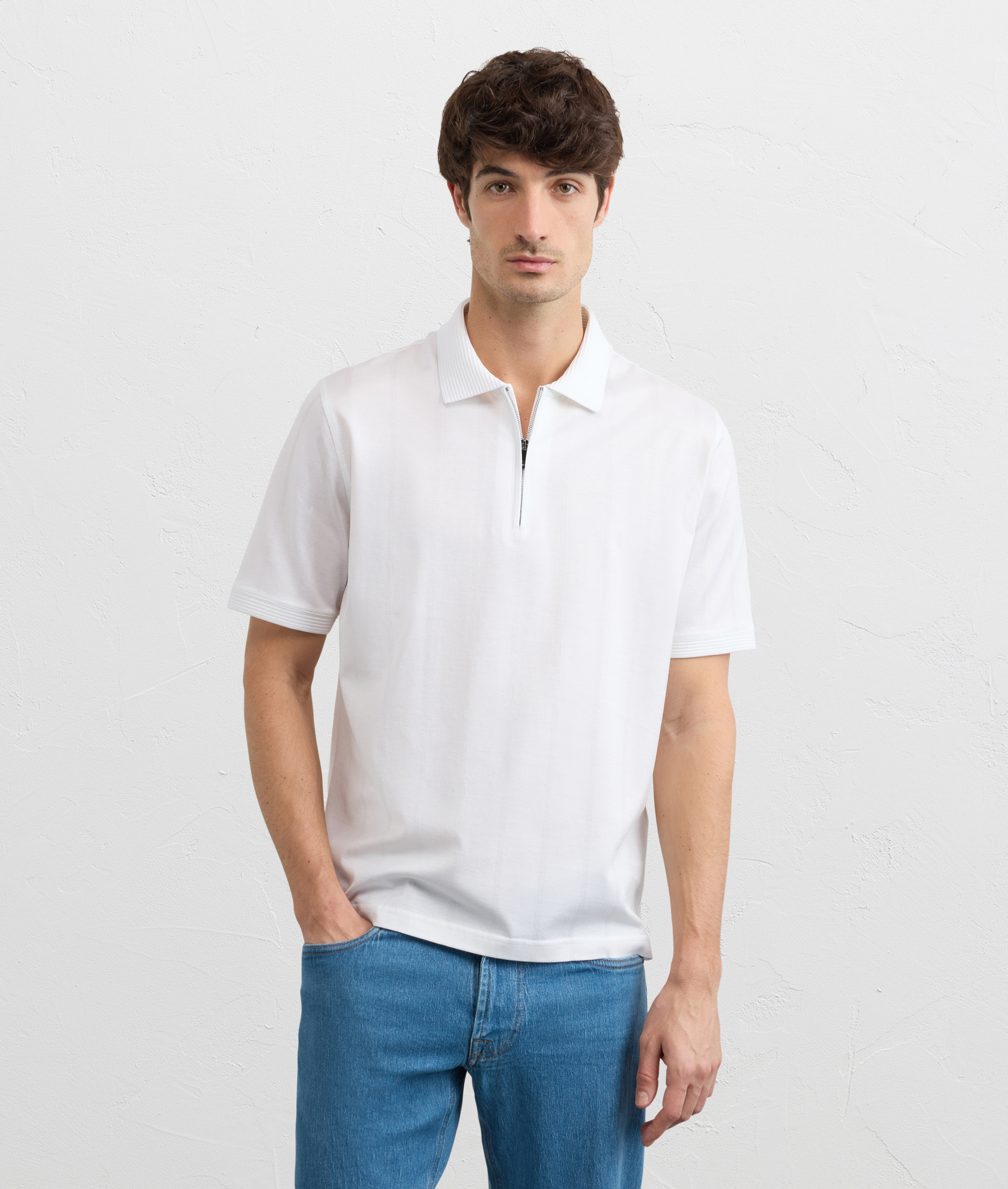 WHITE COTTON JERSEY POLO SHIRT WITH ZIP AND OTTOMAN COLLAR AND SLEEVES