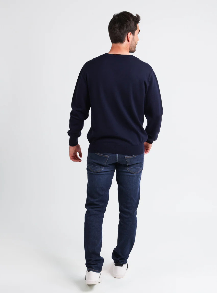 Pull homme col V 100% laine mérinos bleu marine