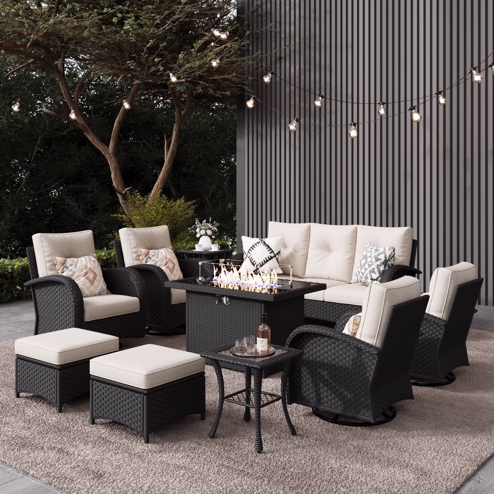 7 Pieces Outdoor Patio Furniture Set with Fire Pit Table, Rattan Wicker Sectional Swivel Rocker Chairs Sets(7 PCS 2*Swivel +Sofa+Fire Pit+2*Ottoman+Table/Brown /Navy Blue) Image 10