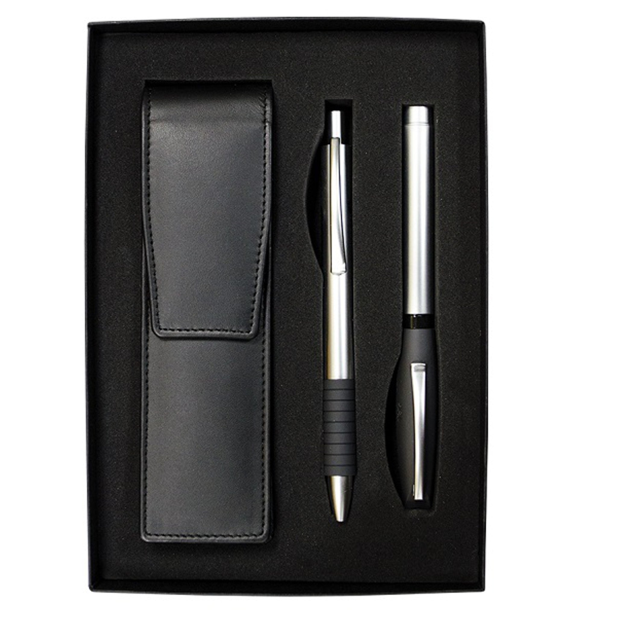 Coffret cadeau stylo-plume et stylo à bille Essentio en cuir et métal mat - #201014