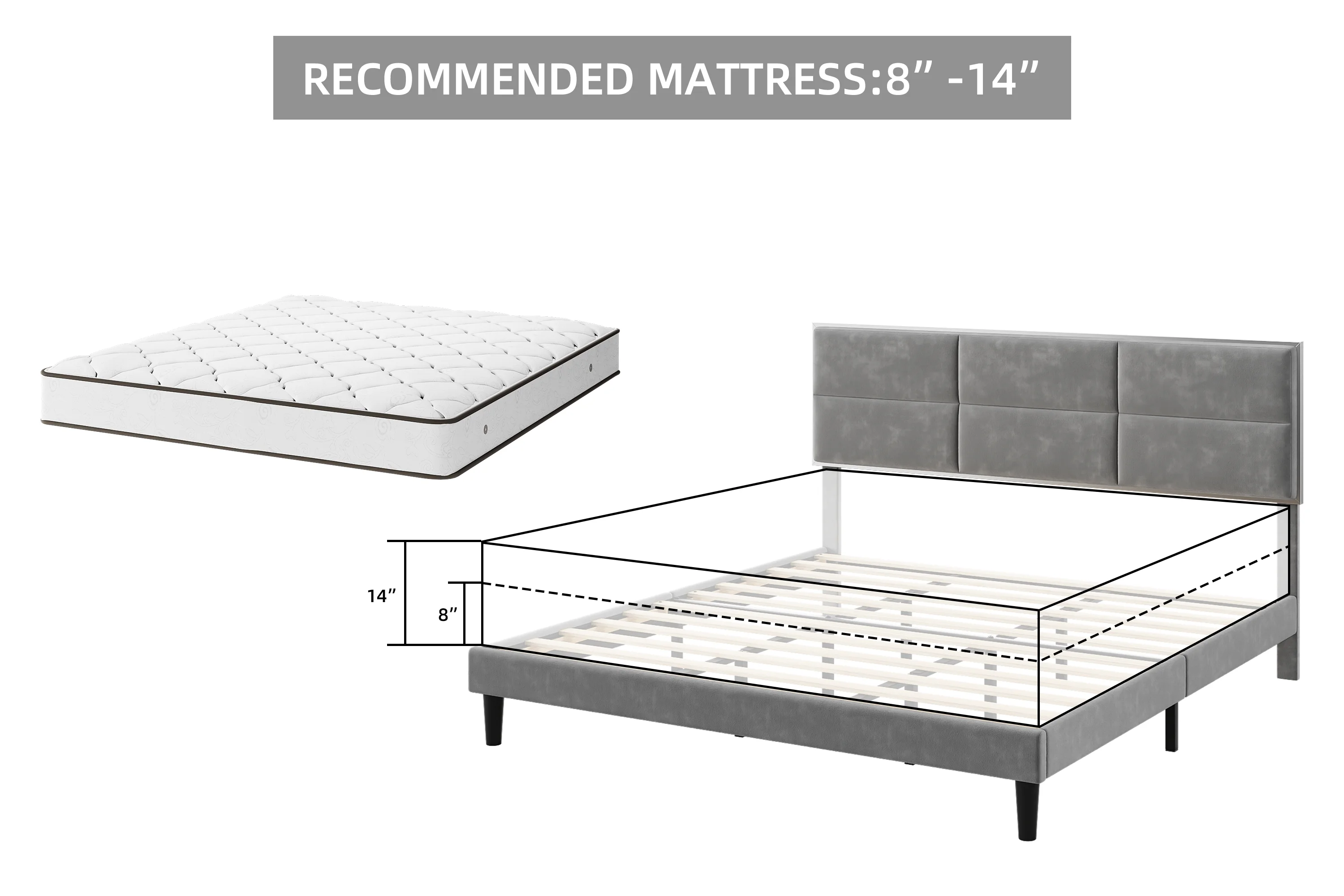 King Size Bed Frame Upholstered Platform, Bed Frame with Square Velvet Headboard, Wooden Slats Support, Non-Slip and Noise-Free, No Box Spring Needed, Easy Assembly(Light Gray)(King/Light Gray) - Image 4