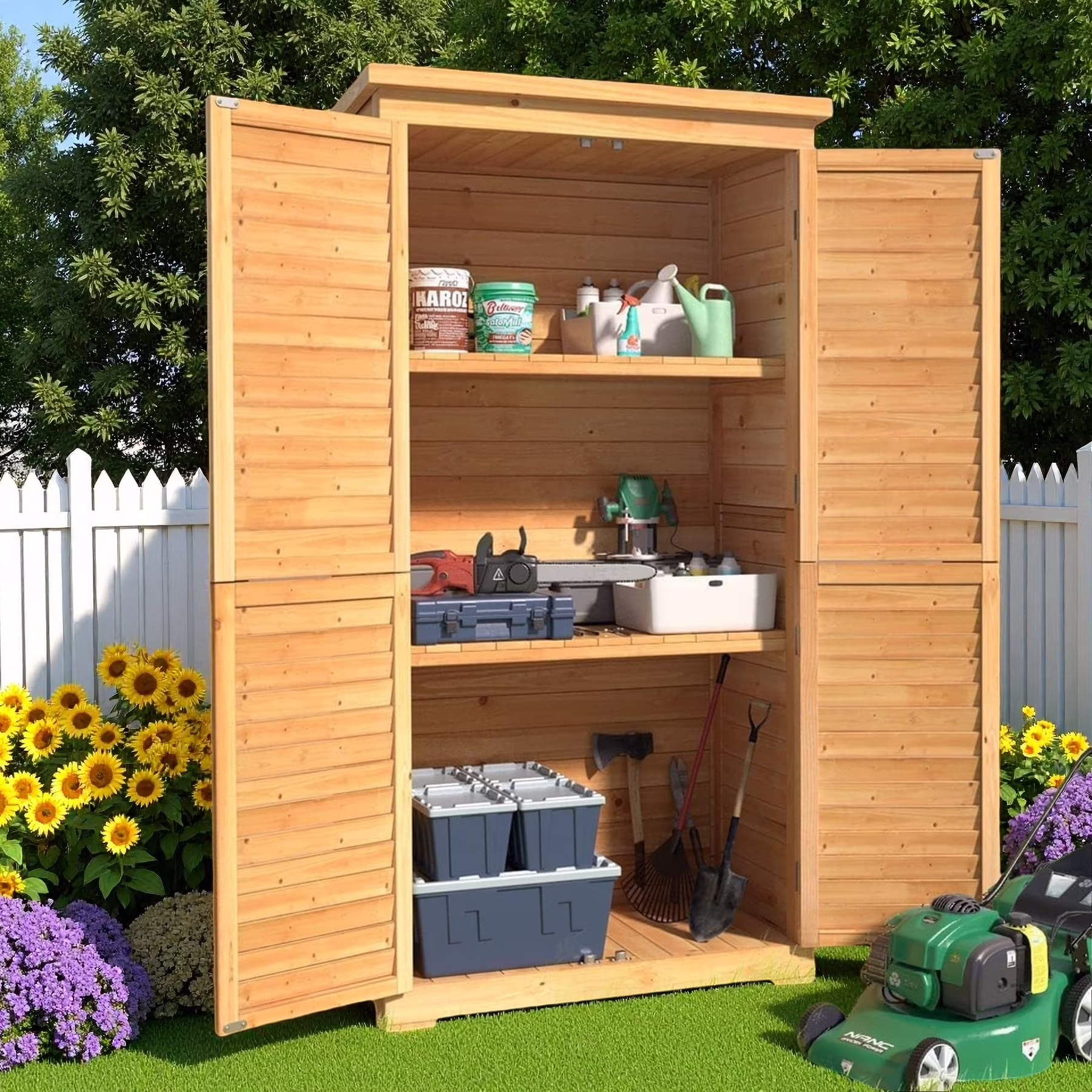 63.2 Outdoor Storage Cabinet, Lofka  Lockable Doors Garden shed with Adjustable Shelves| Asphalt Roof| Ventilate Shutter, Wood Shed with Large Storage Space, Waterproof Roof for Garden, Natural