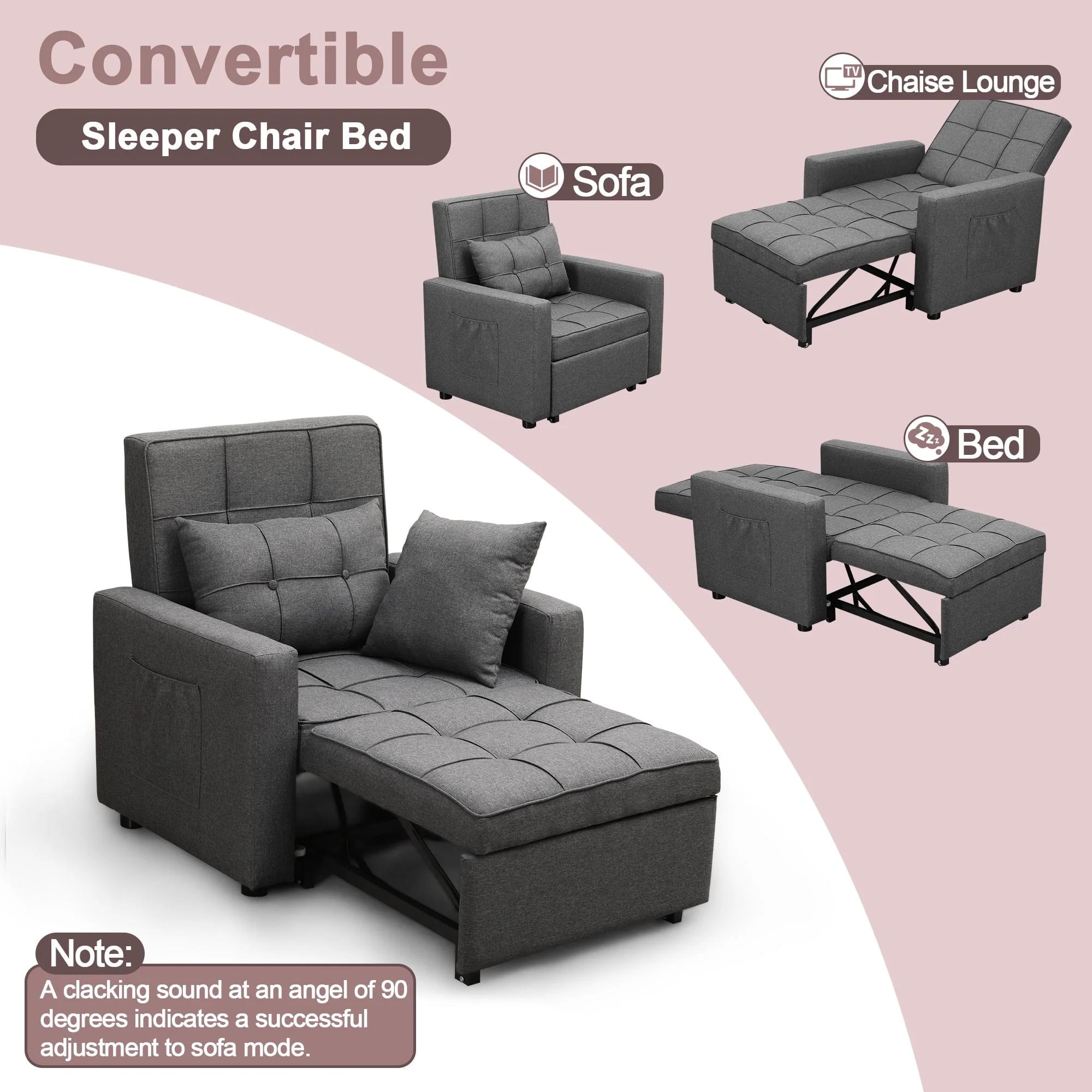 Tolead 3 - in - 1 Convertible Sofa Bed Sleeper Chair with Adjustable Backrest, Gray