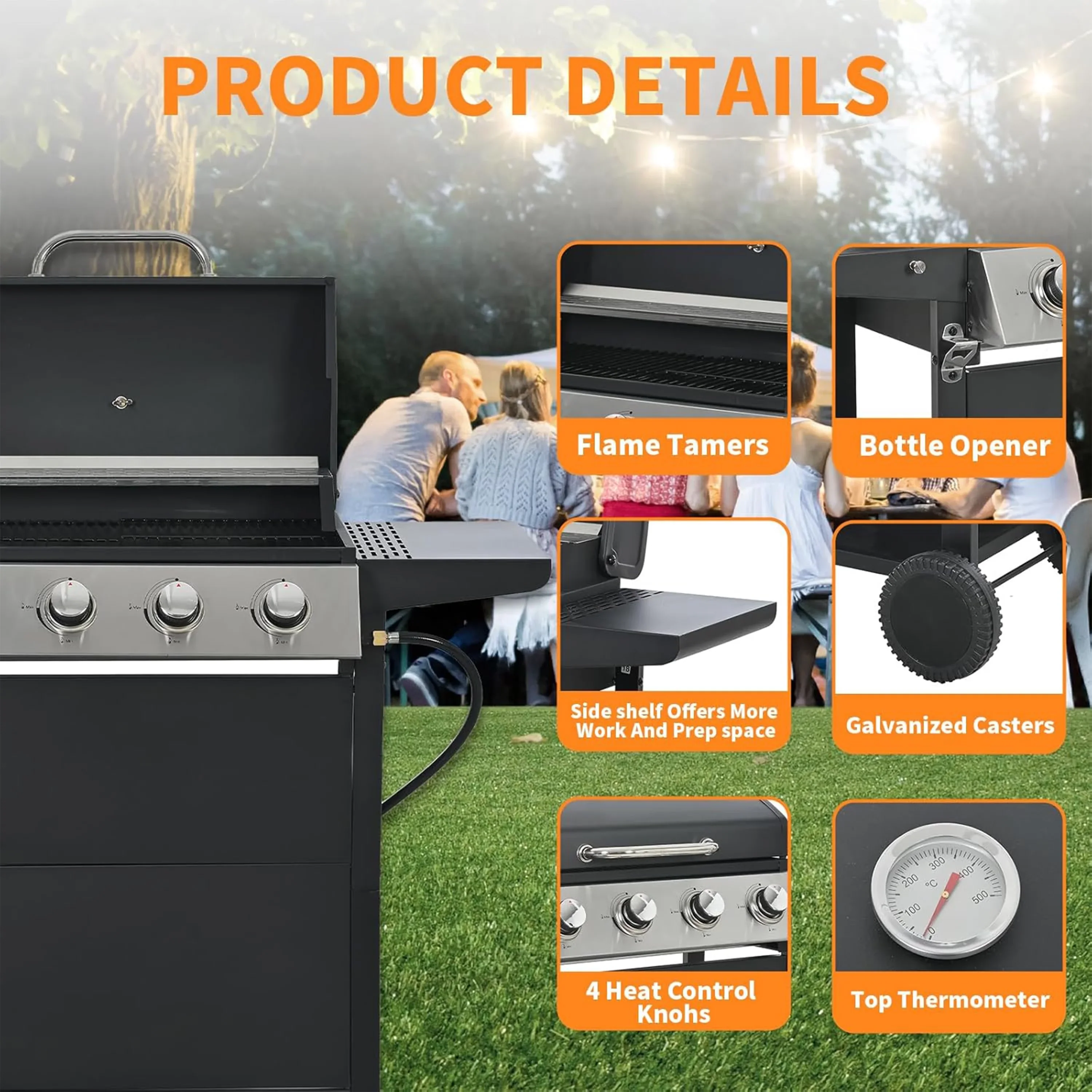Furnibear 4 Burner BBQ Propane Gas Grill, Stainless Steel 34,000 BTU Patio Garden Barbecue Grill with Two Foldable Shelves