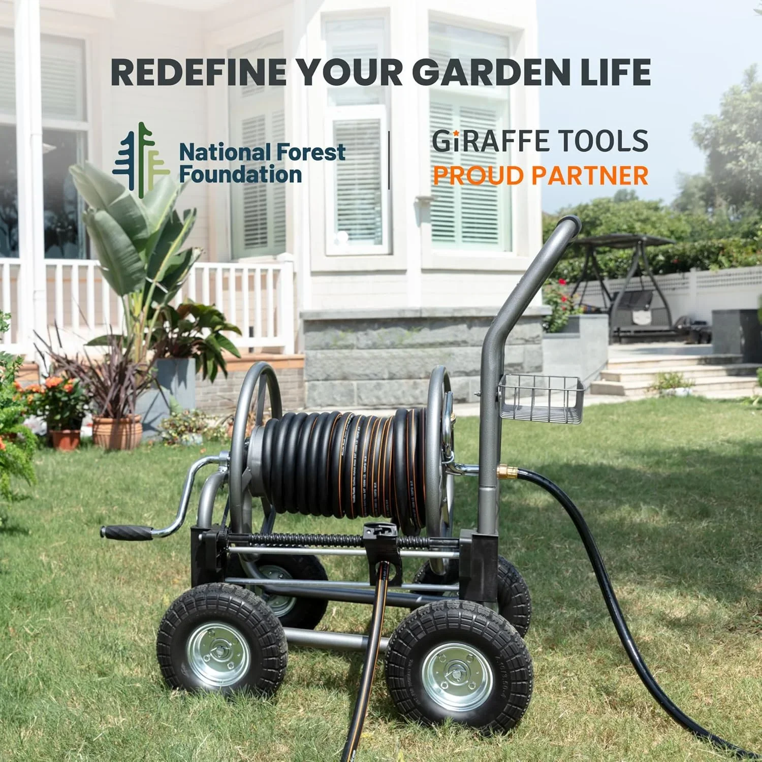 Giraffe Tools Heavy Duty Industrial Garden Hose Reel Cart with Wheels, 5/8in-250ft Hose Capacity