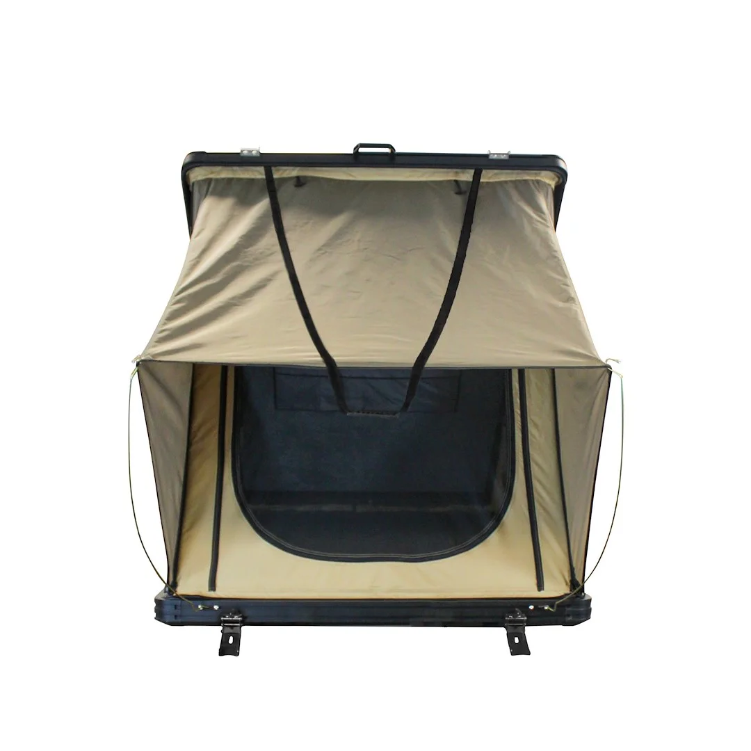 LD TMON Clamshell Aluminum Hard Shell Roof Top Tent 2 Person Capacity, Tan Body Green Rainfly - Image 9