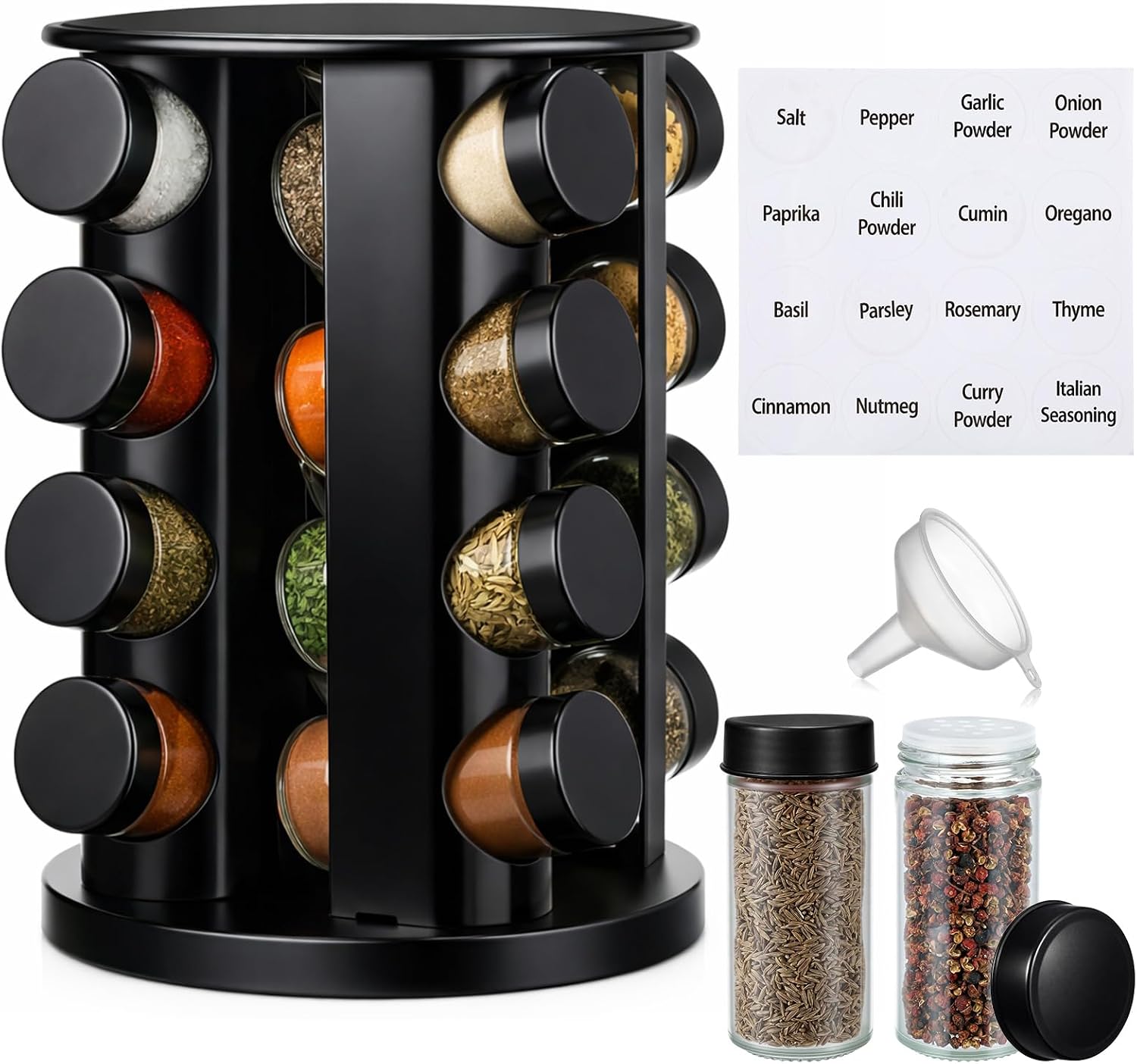 Yungyan Black Rotating Spice Rack with 16 Empty Jars and Labels