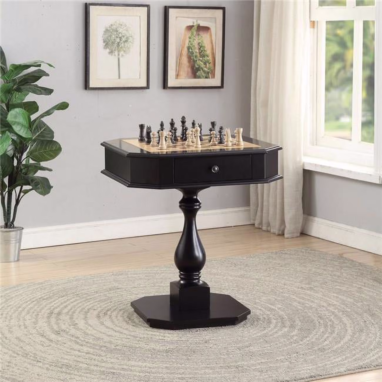 Wooden Chess Game Table with 1 Drawer, Black