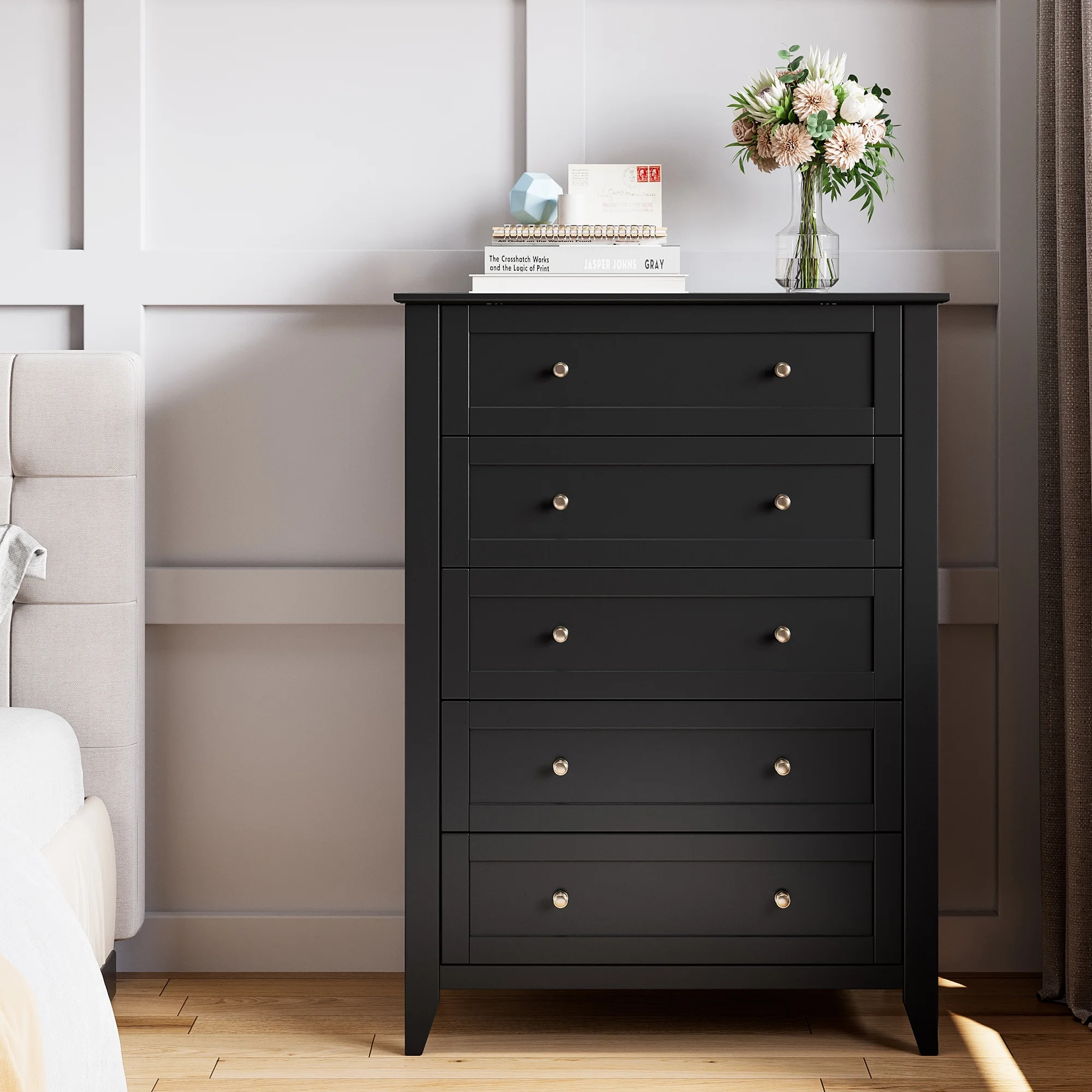 Dresser for Bedroom Black with 5 Drawers, Tall Wood Organizer Storage Cabinet with Round Handle, Drawer Dresser for Closet, Living Room, Hallway, Nursery, Kids Bedroom(5-Drawer Chest/Black) - Image 7