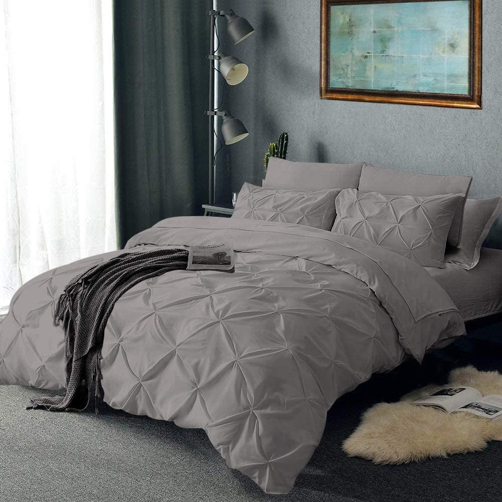 Pinch Pleated 1 - Piece Duvet Cover 100% Egyptian Cotton 800 Thread Count with Zipper & Corner Ties Pintuck Decorative Duvet Cover - Queen/Full Size (90