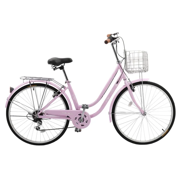 Women's Beach Cruiser Bike, 26in City Cruiser Bikes High Carbon Steel V Brake 7 Speed Commuter Bike with Basket Mirror(Pink) - Image 7