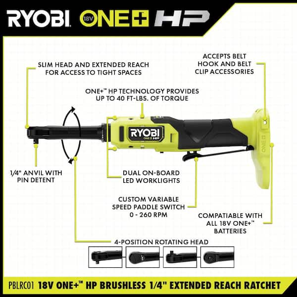 ONE+ 18V Brushless Cordless 2 Tool Combo Kit w/1/4 in Extended Reach Ratchet 3/8 in Extended Reach Ratchet (ToolsOnly) Image 3