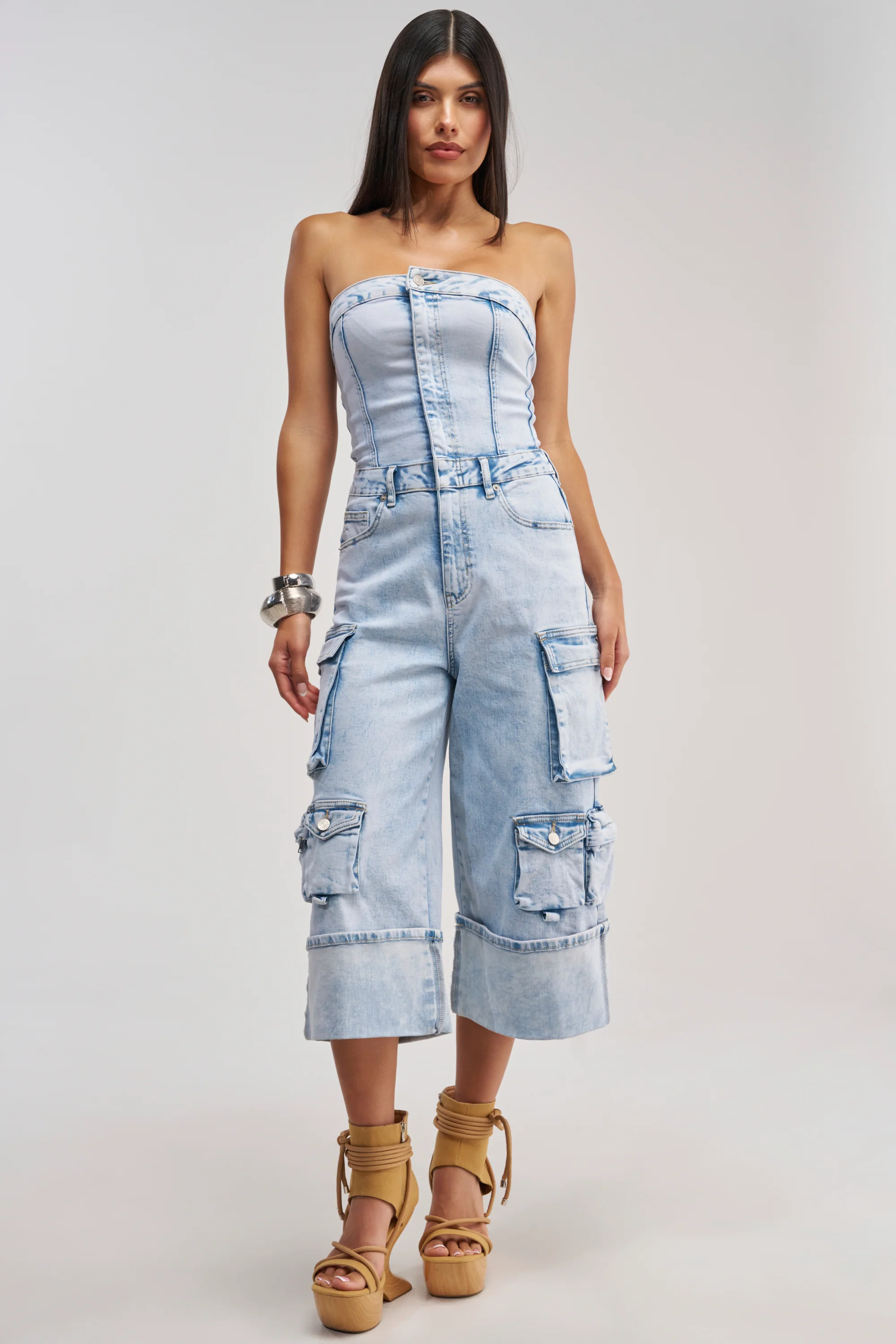 ALICIA CROPPED CARGO JUMPSUIT IN LIGHT BLUE DENIM - Akira Store