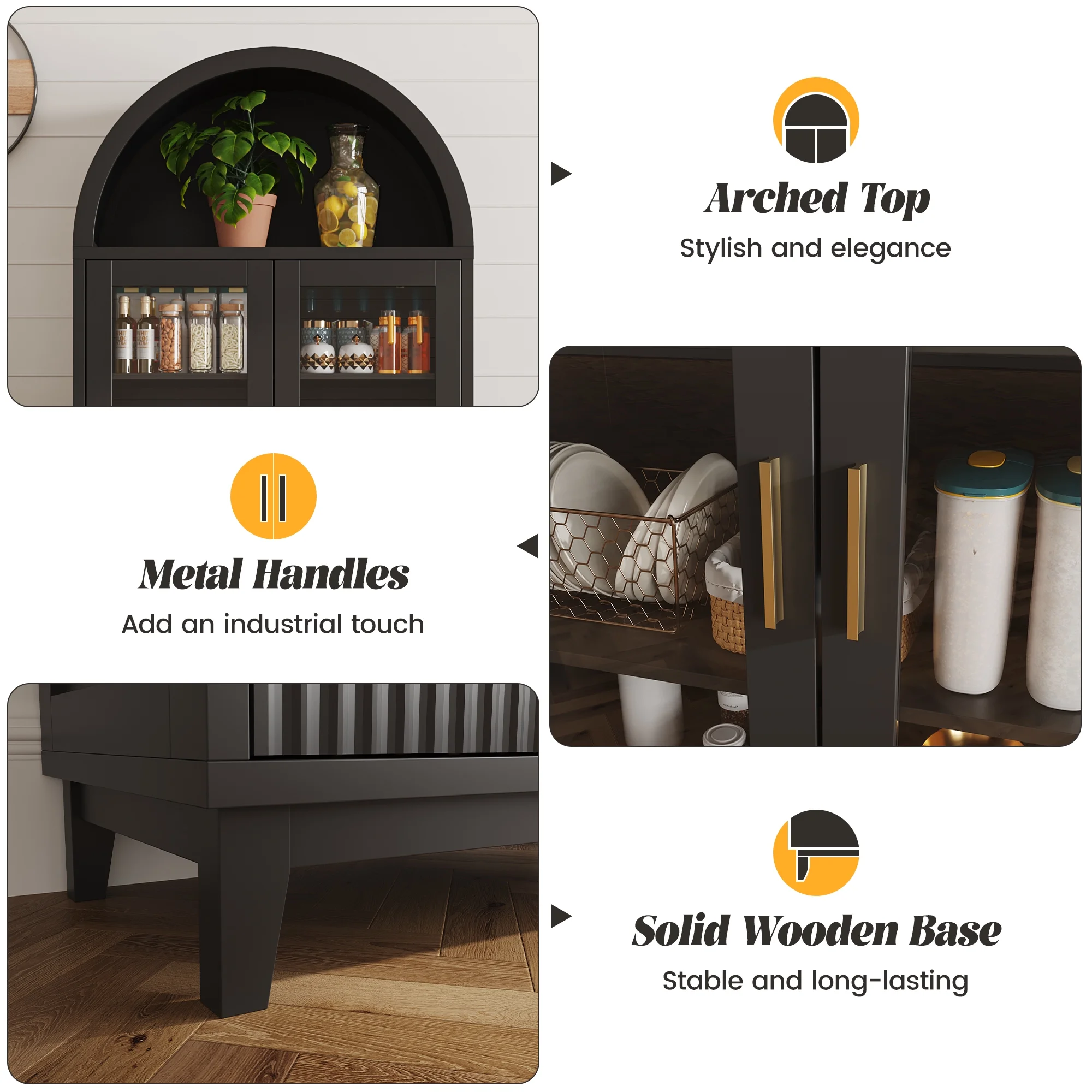 71" Tall Arch Cabinet, Wood Fluted Kitchen Kitchen Storage Cabinet with 4 Doors and 6 Shelves for Dining Room Living Room(black) - Image 8