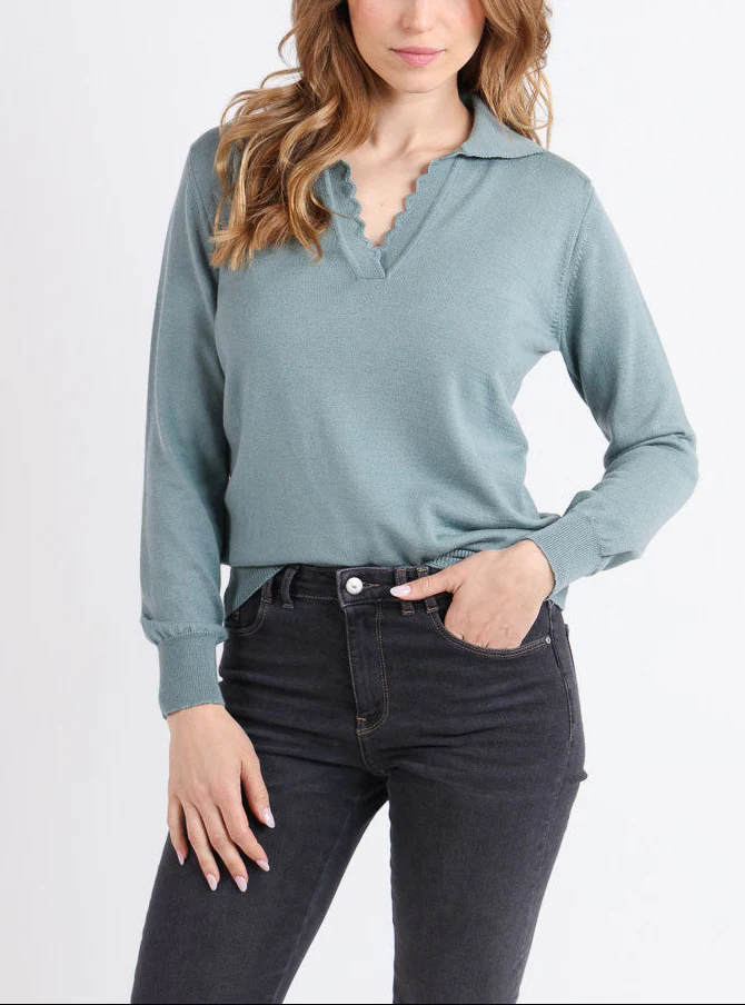 Pull col polo femme en laine mérinos vert