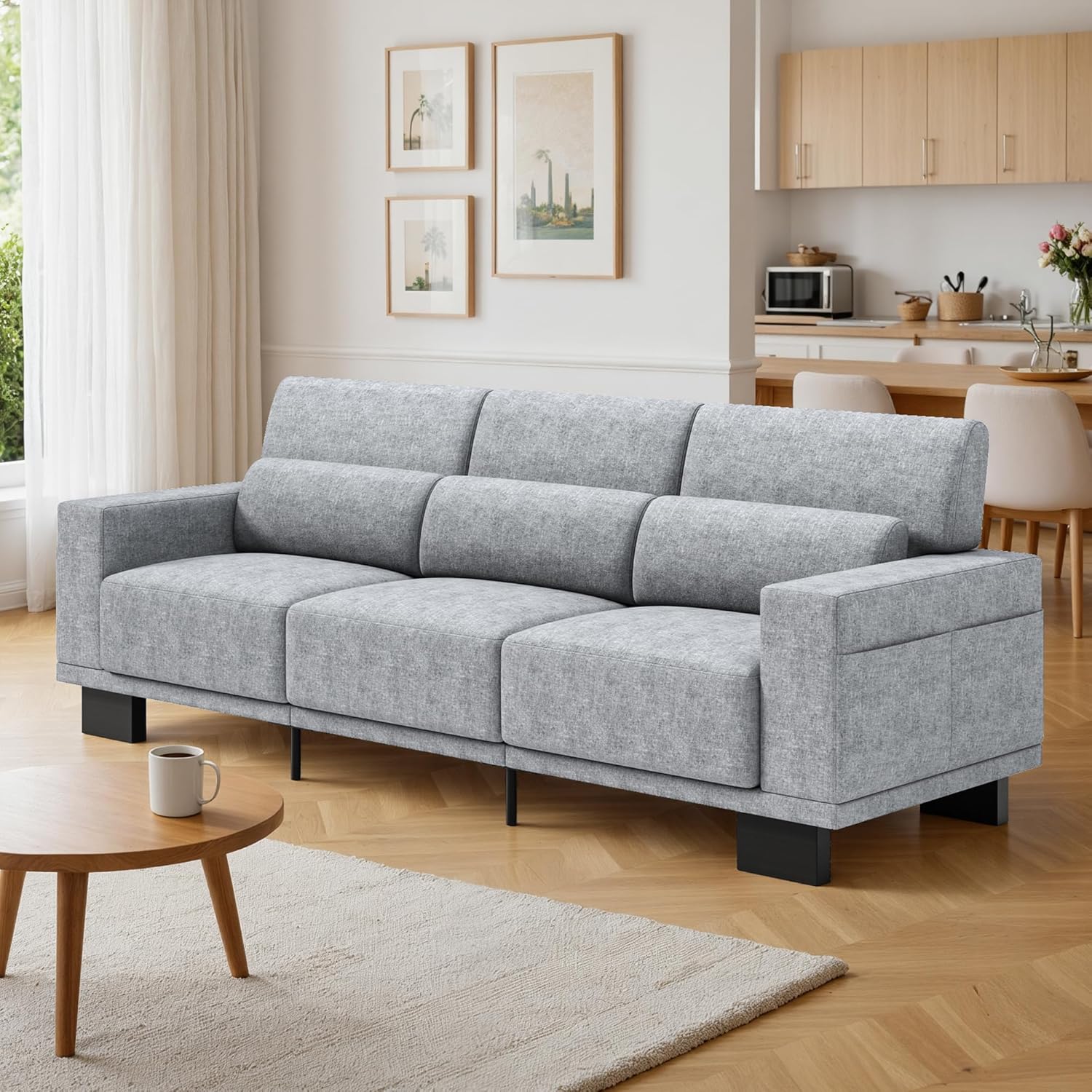 Gizoon 3-Seater Chenille Couch, 89 Inch Modern Comfy Sofa with Wide Armrests & Deep Cushions, for Living Room, Bedroom and Apartment, Grey