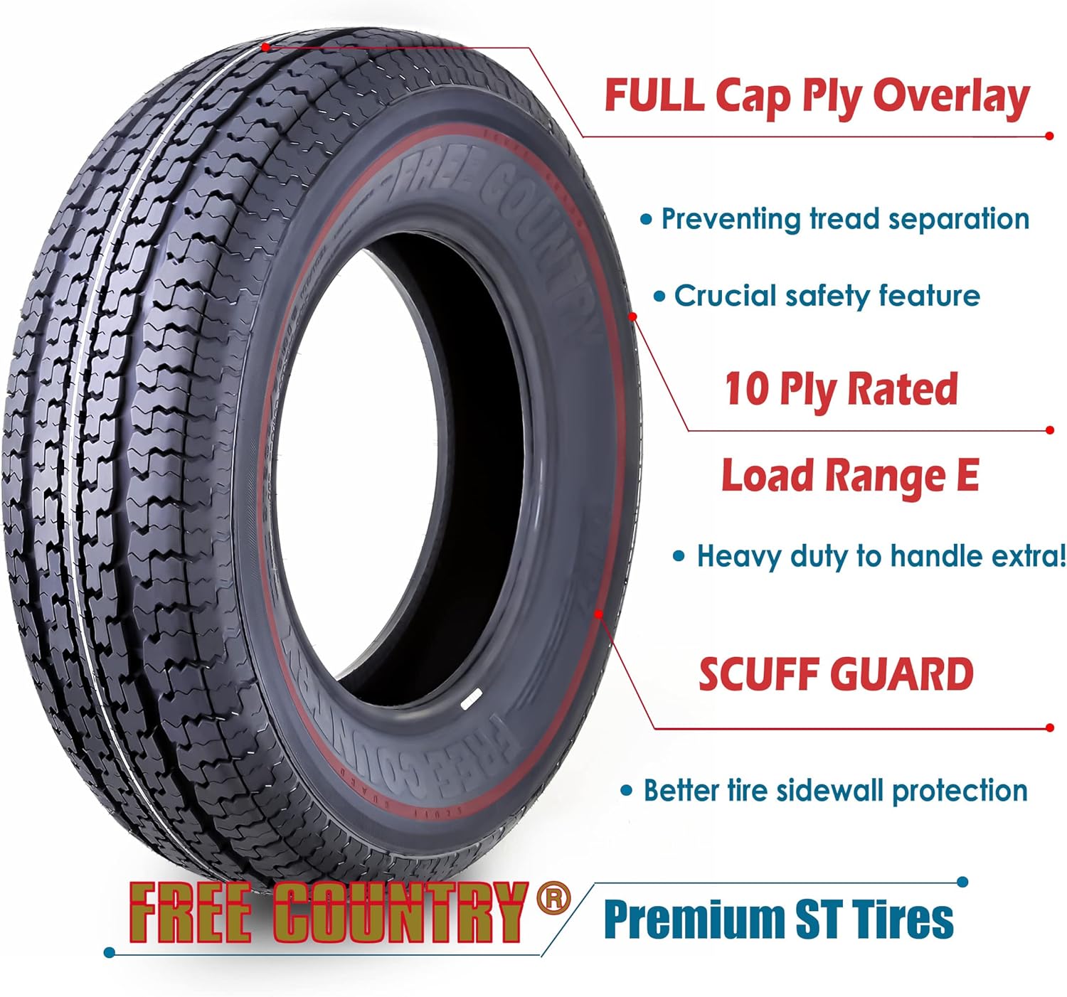 Ensemble de 4 pneus de remorque robustes ST205/75R15 205 75 15 10 plis, indice de charge E, à carcasse radiale en acier avec protection anti-abrasion