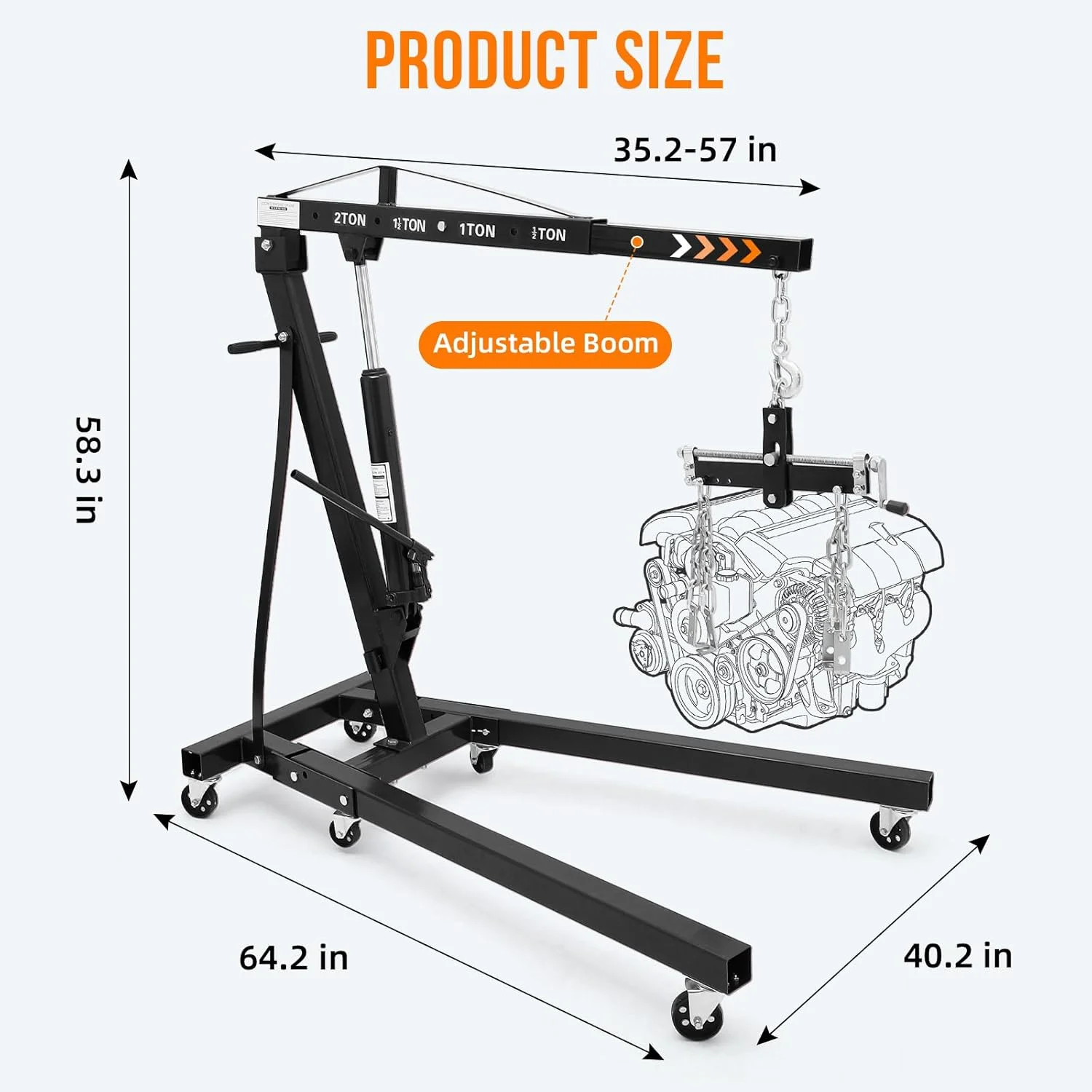 2 Ton Engine Hoist with Lever, 4000 lbs Heavy Duty Folding Cherry Picker Engine Lift Hydraulic Tilting Engine Shop Crane with 6 Iron Caster Wheels Telescopic Boom Hitch(Orange) - Image 6