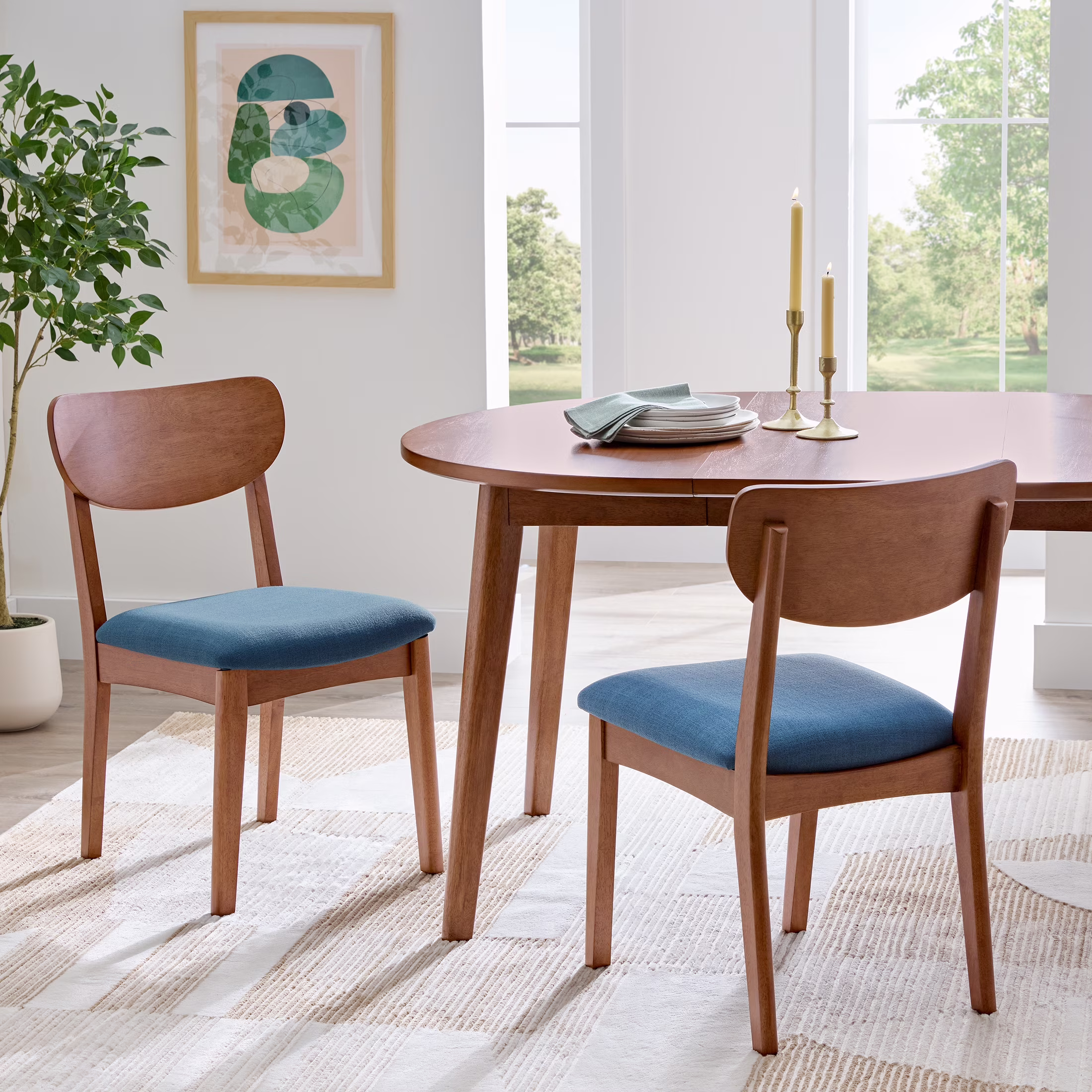 Better Homes & Gardens Greyson Mid-Century Dining Chairs, Black Faux Leather, Acorn Finish, Set of 2
