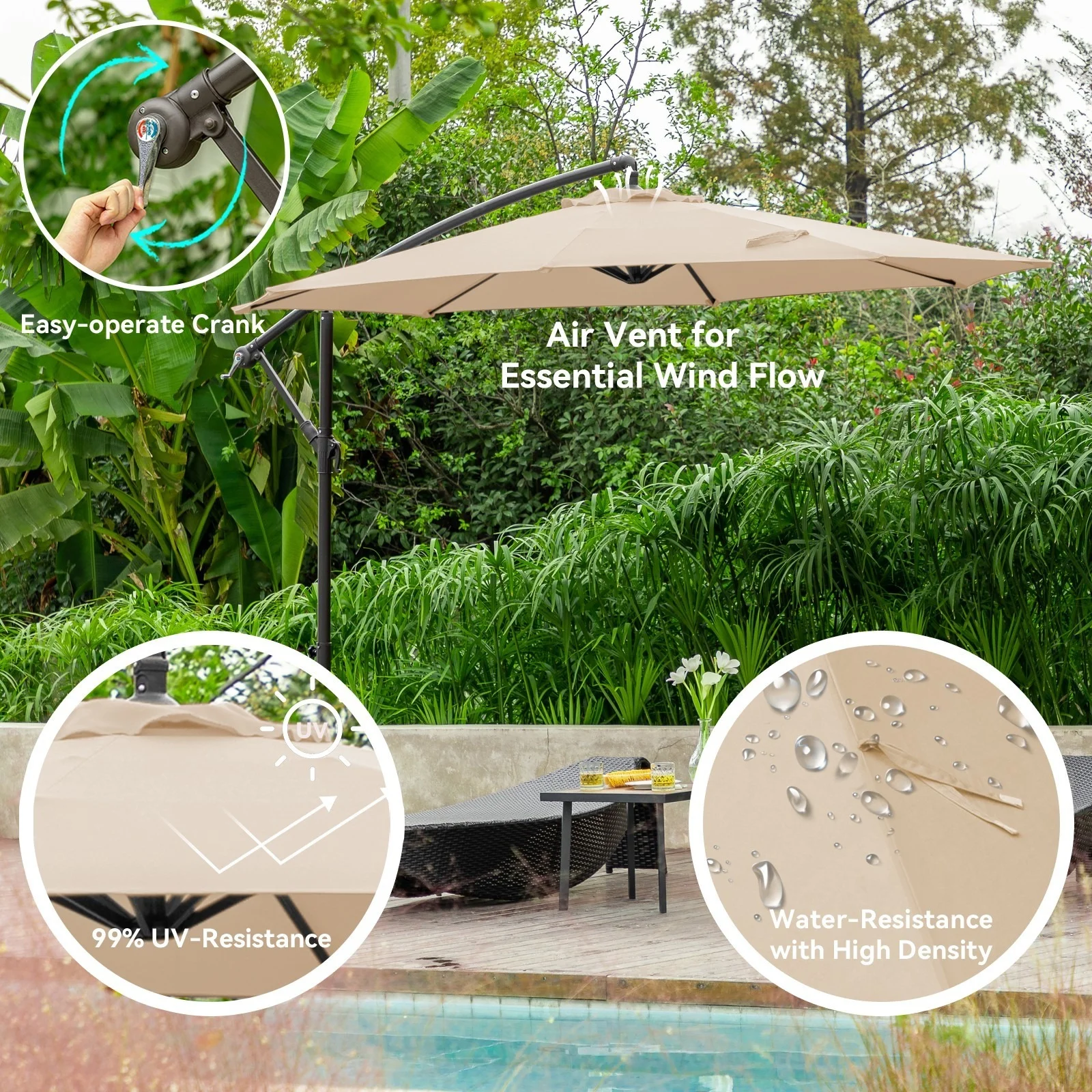 10ft Heavy Duty Patio Hanging Offset Cantilever Patio Umbrella W/ 4-Piece Base Included Included, Beige(Beige) - Image 6
