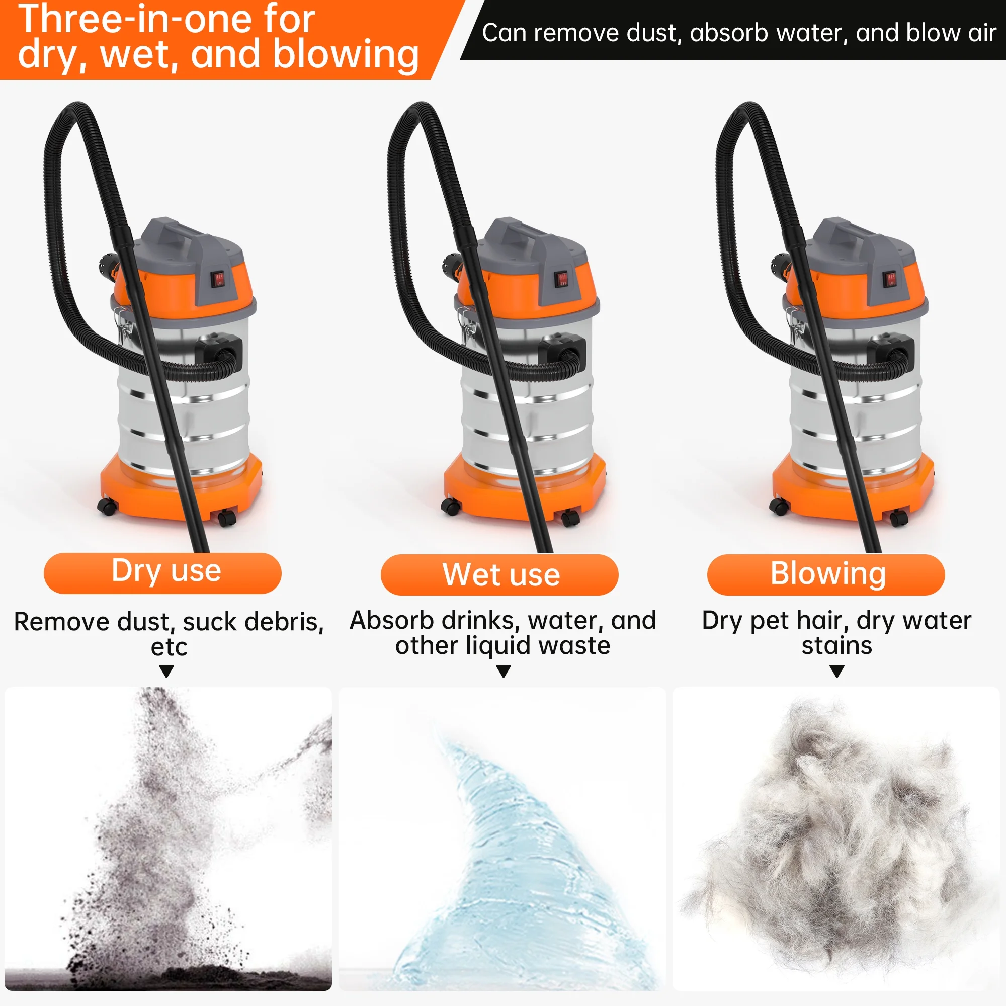 Wet Dry Vacuum Cleaner, 10 Gallon 3200w 8 Peak Stainless Steel Shop Vacuum Wet and Dry, with Filter and Attachments for House Garage Workshop Car - Image 9