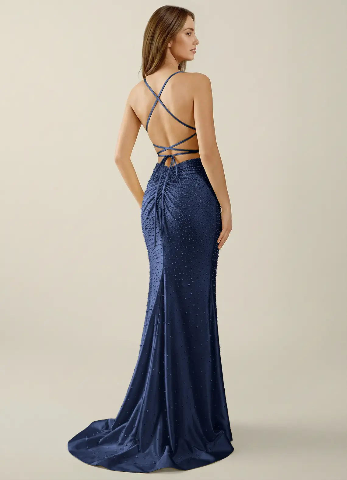 Sylvan Dark Navy V-neck Hot Rhinestones Corset Prom Dress