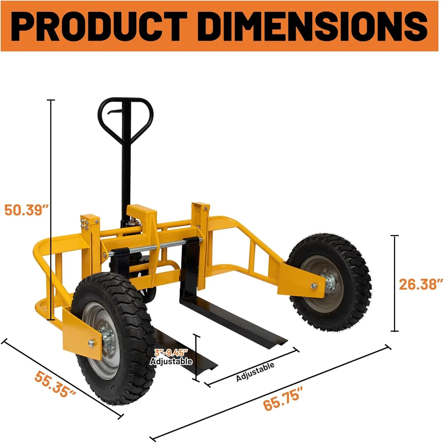 All Terrain Manual Pallet Jack with Guardrail, Heavy Duty Pallet Truck 2500 lbs Load Capacity, 3-Function Hand Control Manual Pallet Truck, Adjustable Width Forks, 65.75W x 55.35D x 50.39H
