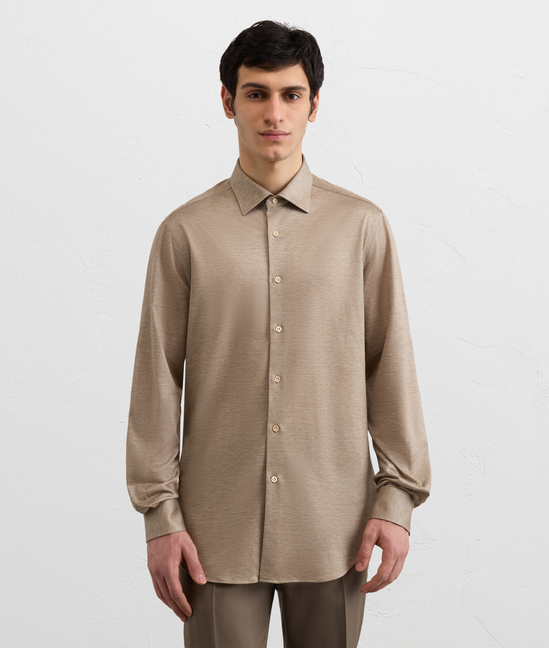 LIGHT BROWN COTTON AND LYOCELL PIQUE JERSEY SHIRT WITH MEDIUM MILANO COLLAR