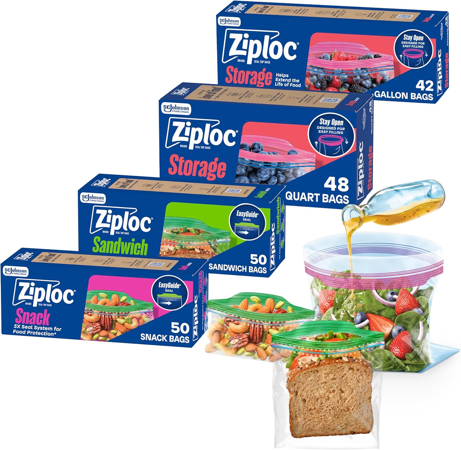 Ziploc Storage Bags Variety Pack, 190 pieces in total, 42 pieces of Storage Gallon and 48 pieces of Storage Quart, 50 pieces of Sandwich and 50 pieces of Snack